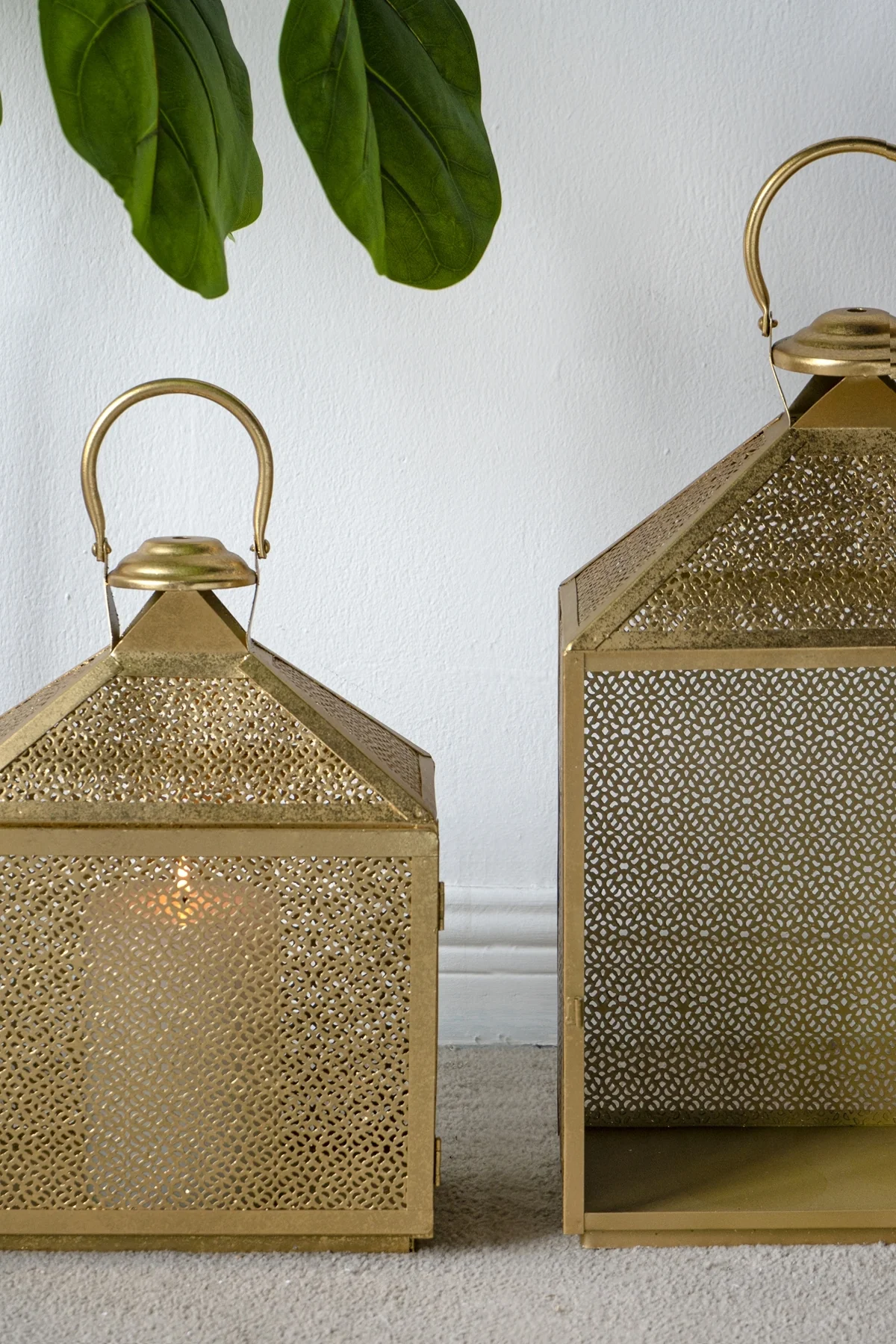 Gold Iron Lanterns with Intricate Perforated Design, Set of 2 - Image 6