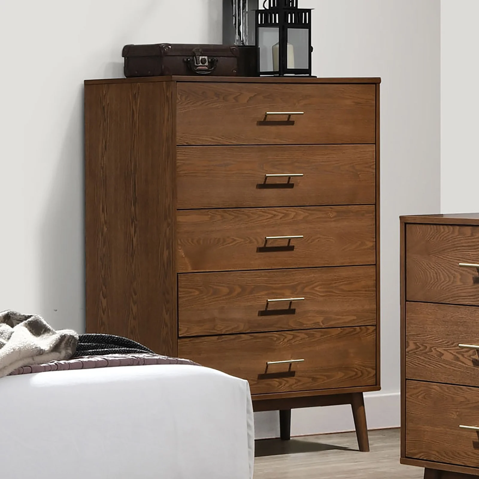 Walnut Chest of Drawers with Nickle Bar Pullsand Round Tapered Legs - Image 14