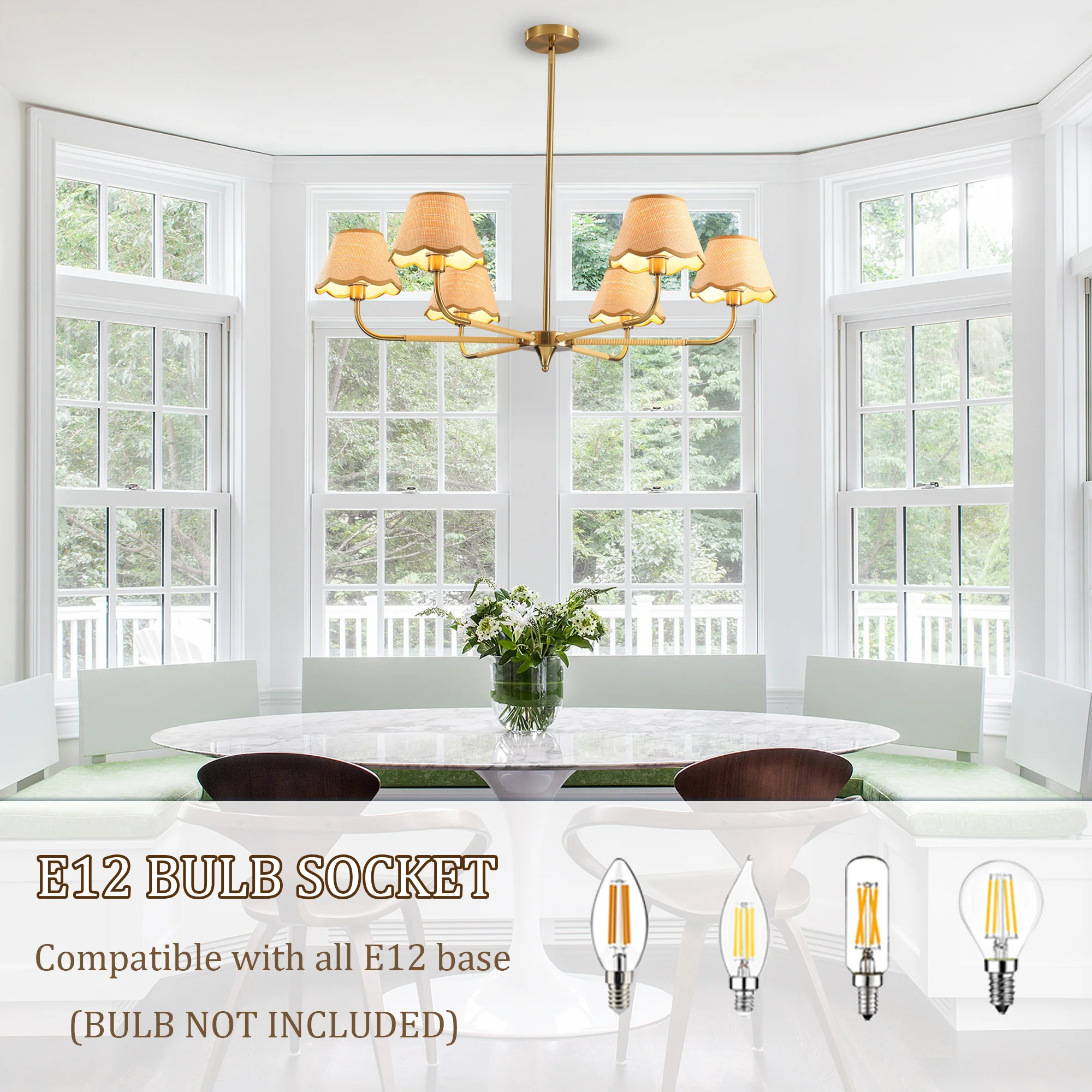 6-Light Gold Chandelier with Hand-Woven Rattan Lampshades - Image 7