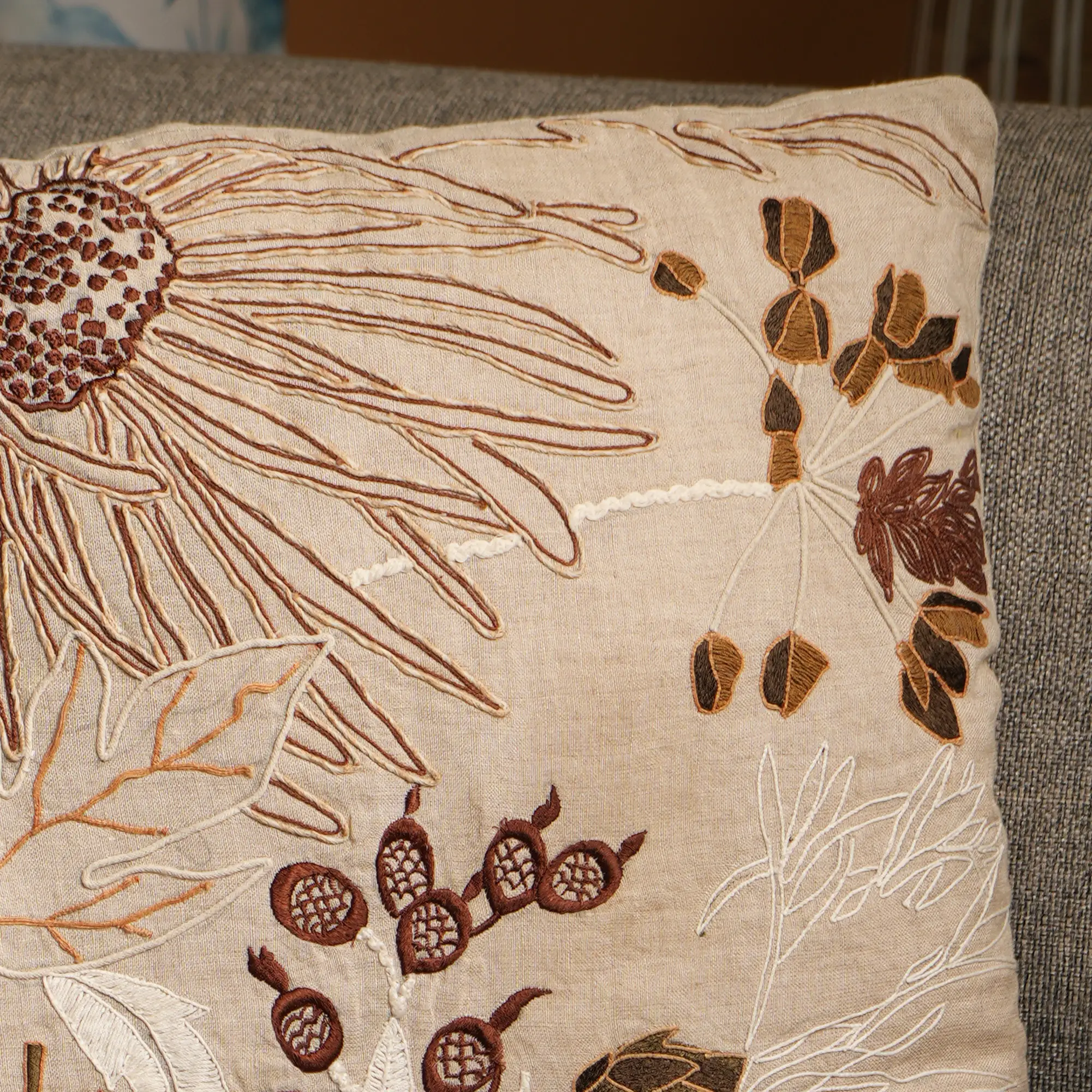 100% Linen Floral Embroidered Cushion - Image 3