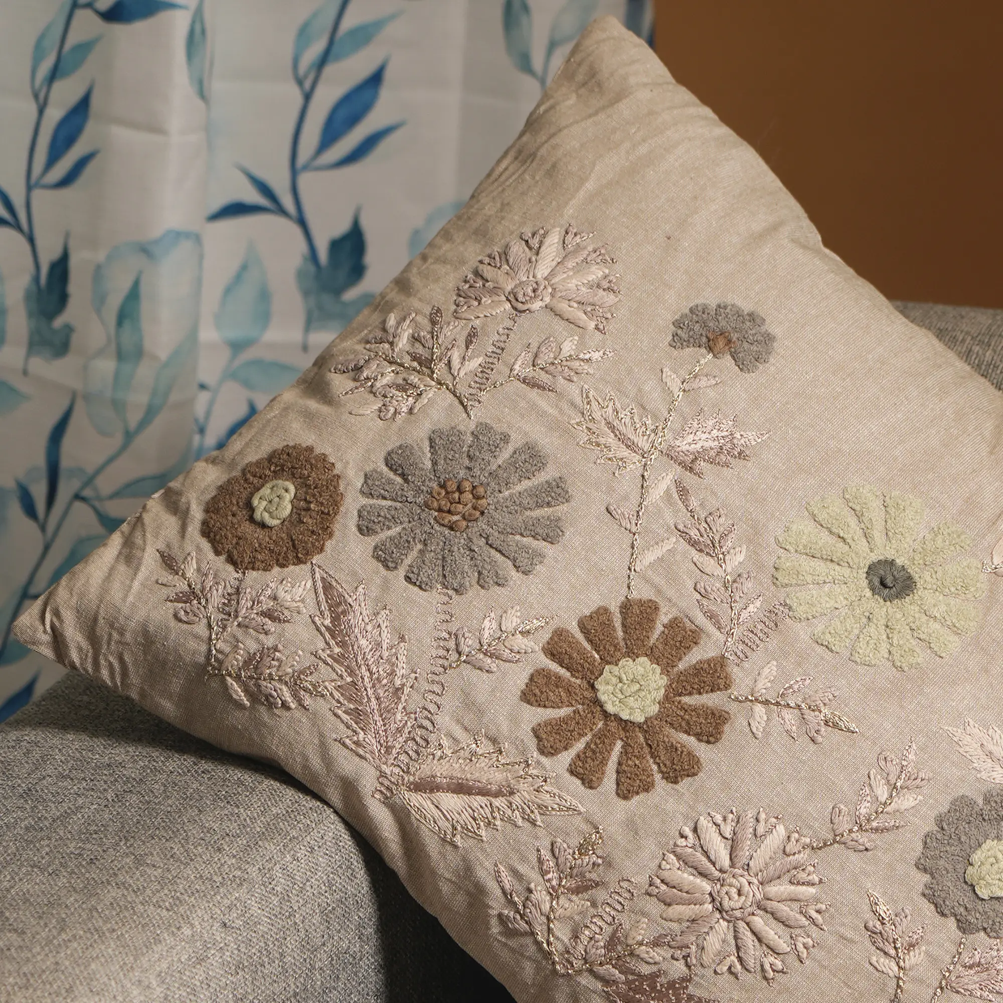 100% Linen Floral Embroidery Cushion - Image 5