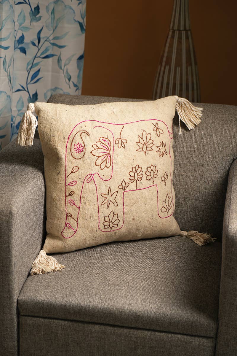 100% Wool Elephant Embroidered Pillow - Image 3