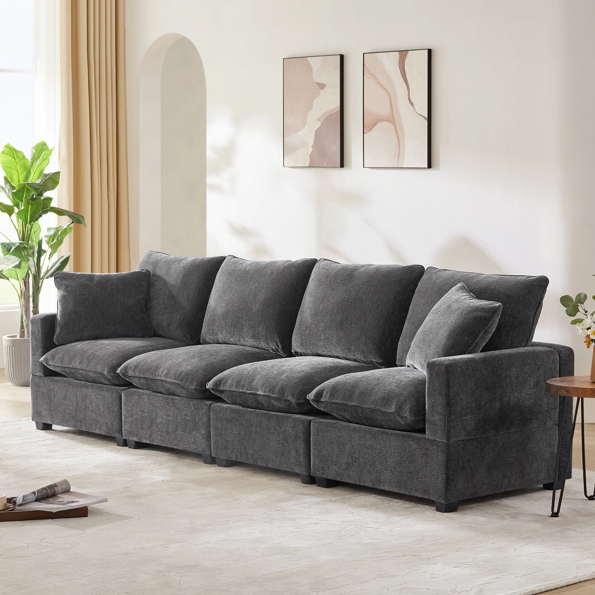 Chenille Modular Sofa with 2 Pillows, Seats 4