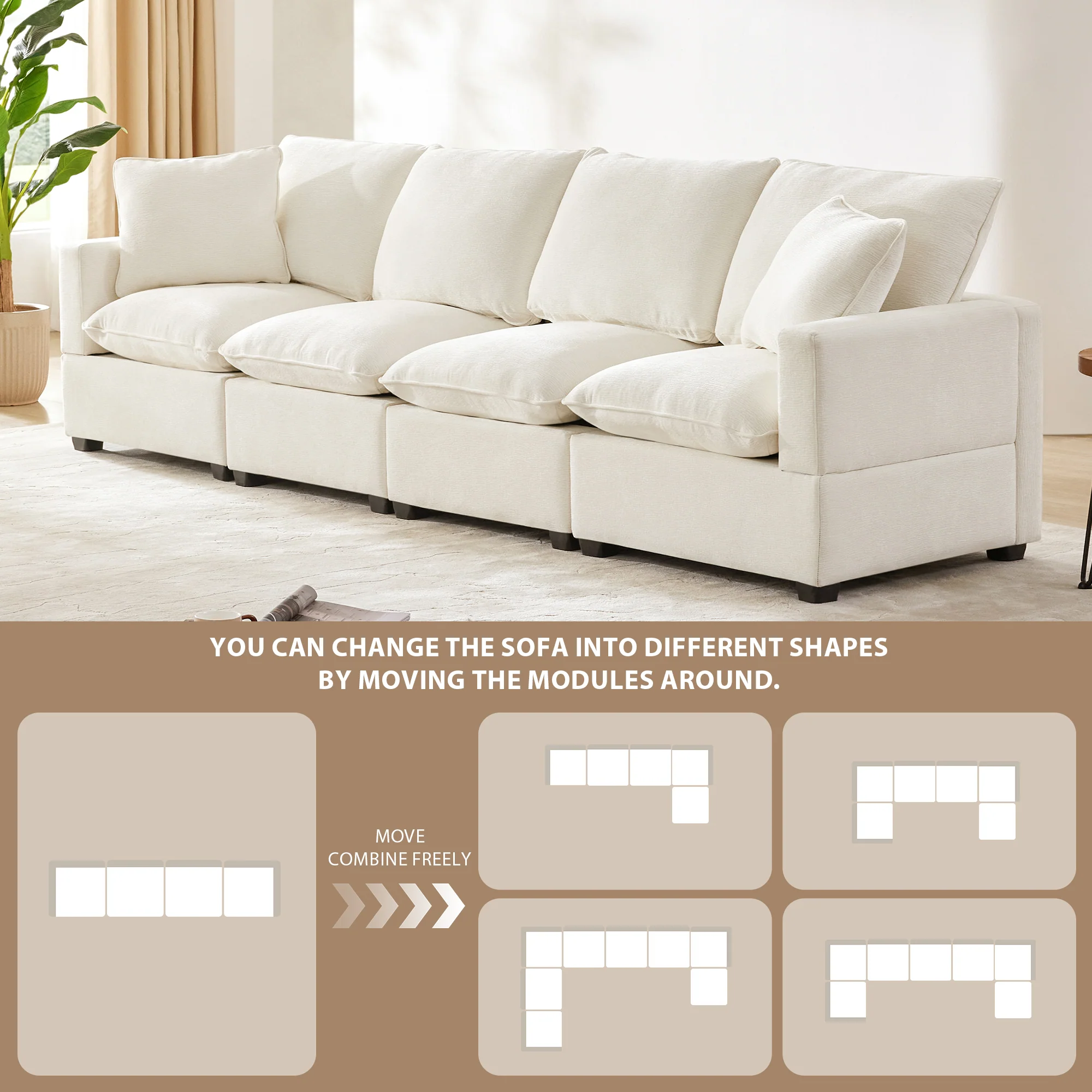 Chenille Modular Sofa with 2 Pillows, Seats 4 - Image 30