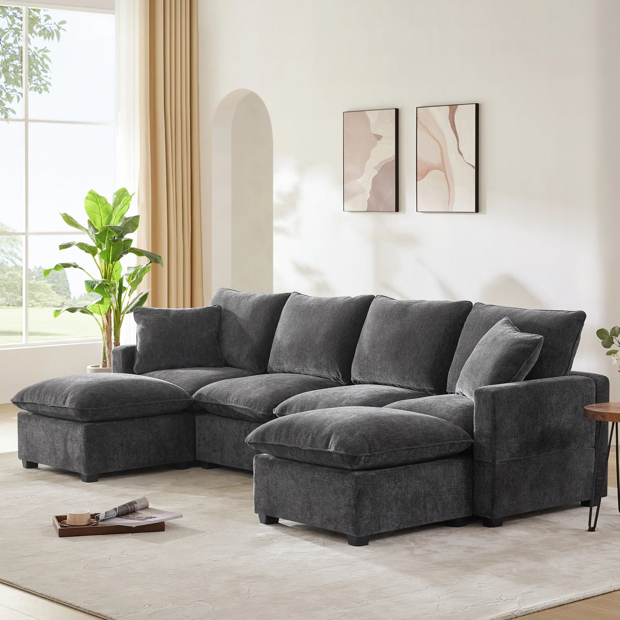 Chenille Modular U-Shape Sectional Sofa, Seats 6