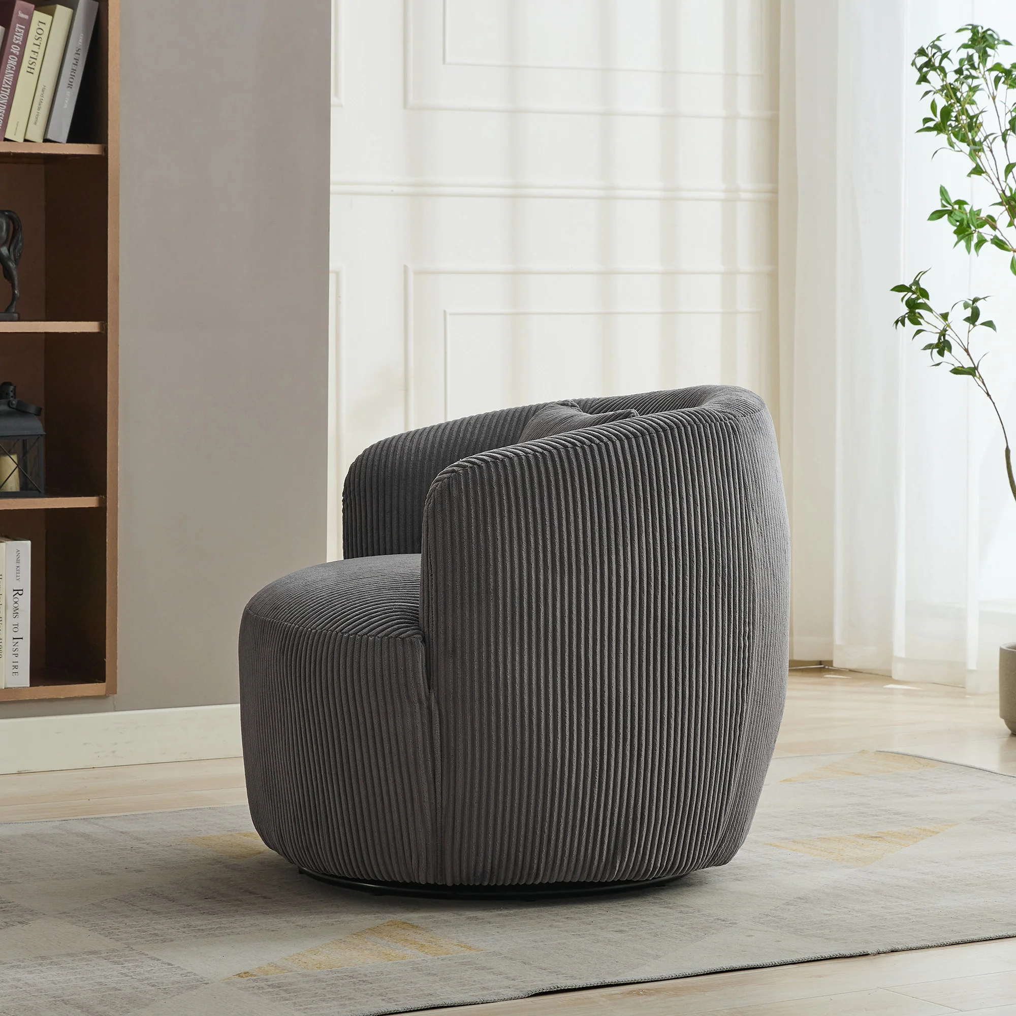 Wide Upholstered Corduroy 360° Swivel Barrel Soft Accent Chair with Pillow - Image 13