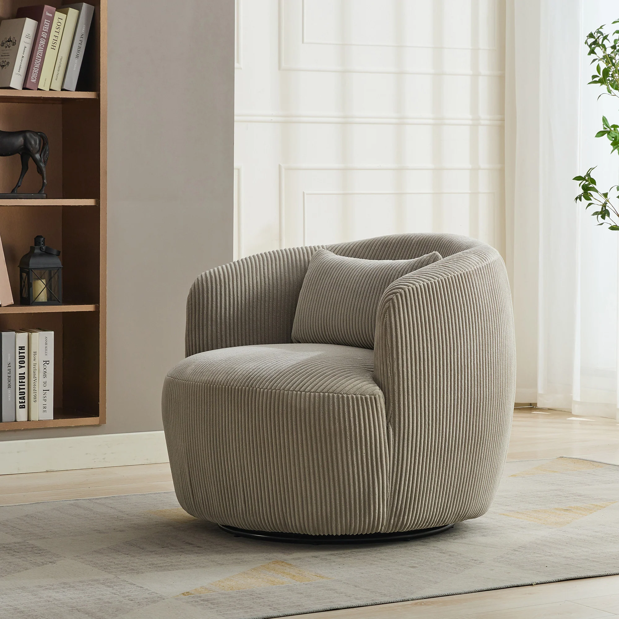 Wide Upholstered Corduroy 360° Swivel Barrel Soft Accent Chair with Pillow - Image 20