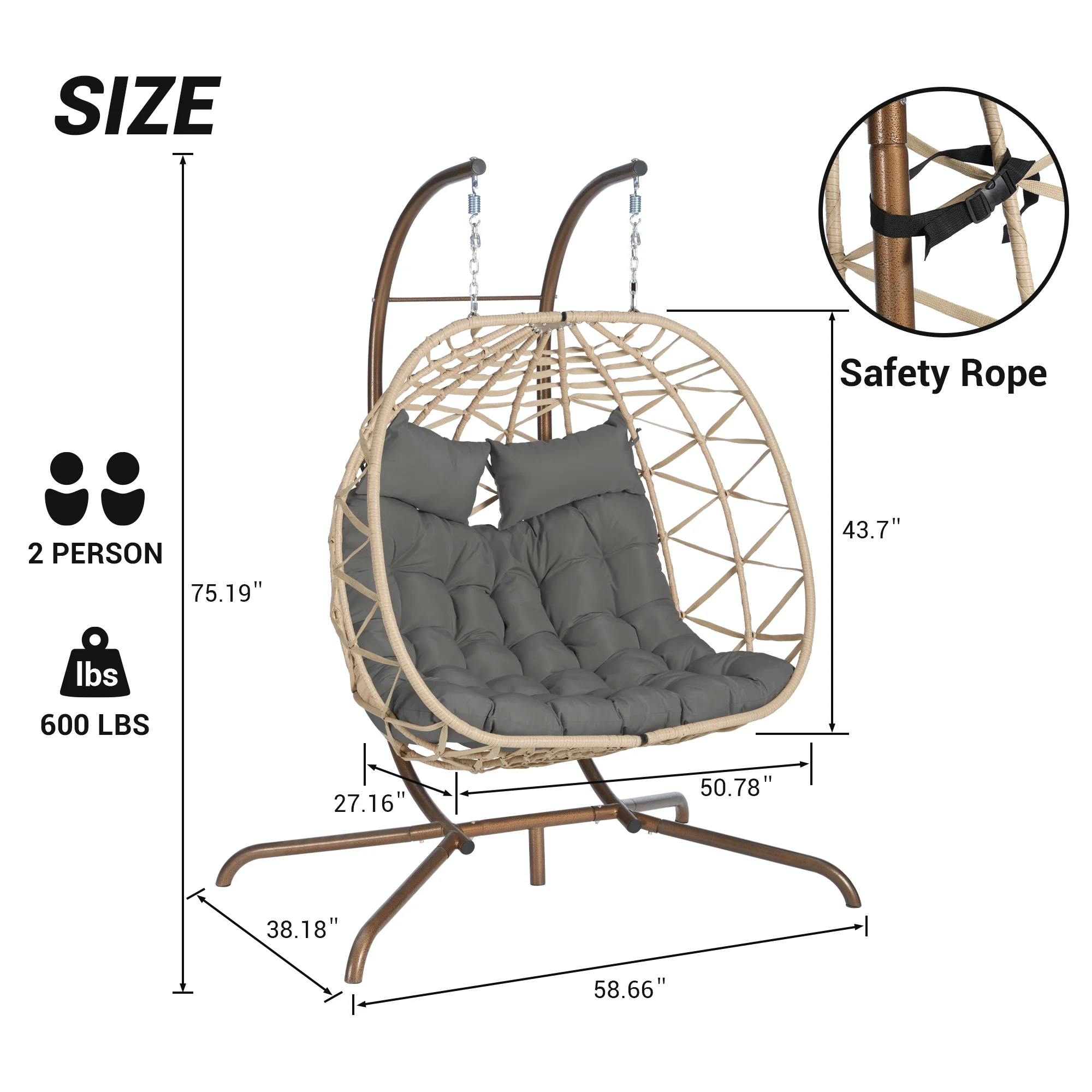 2-Person Outdoor Wicker Rattan Egg Chair with Stand Hanging - Image 5