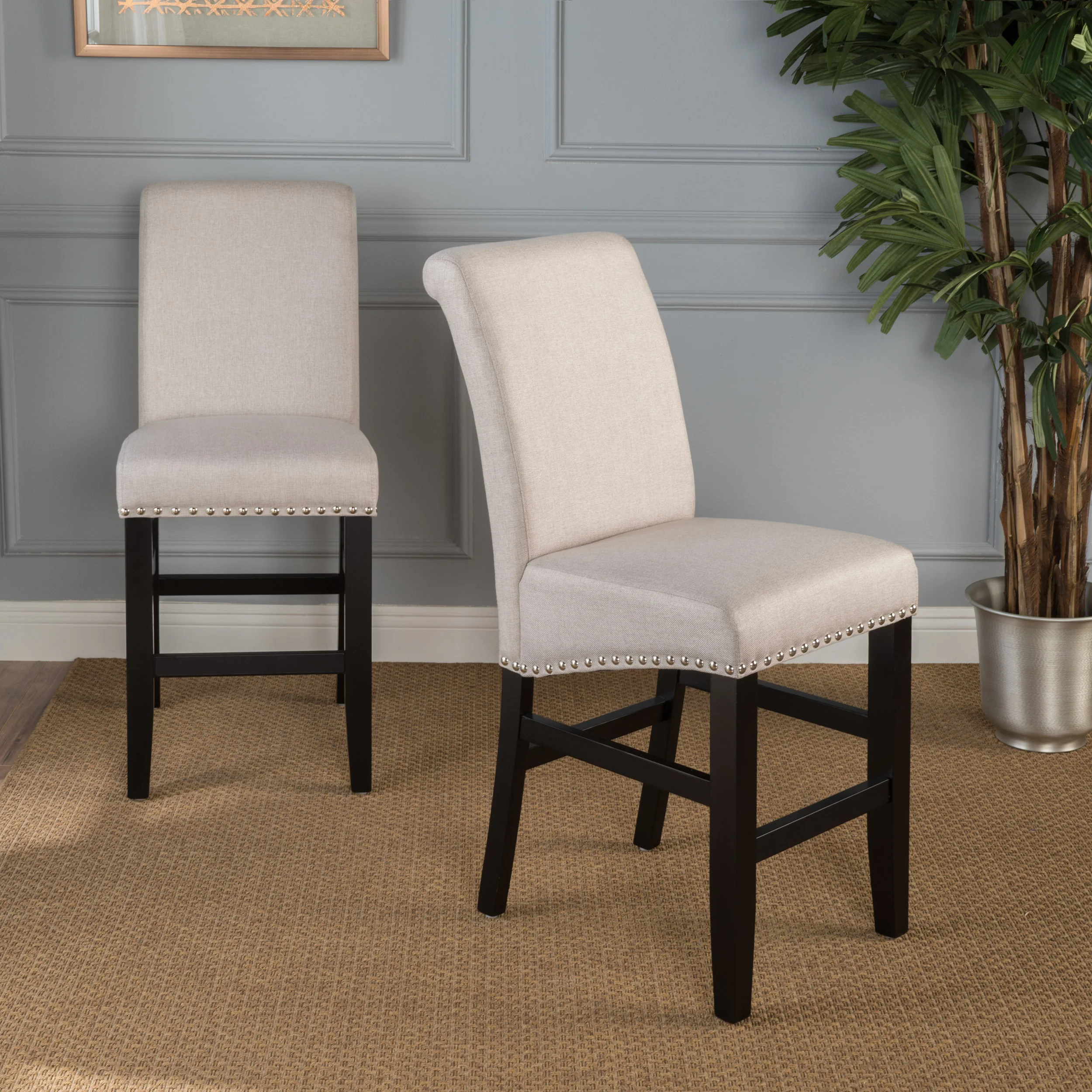 25" Contemporary Upholstered Counter Stools with Nailhead Trim, Set of 2 - Image 2