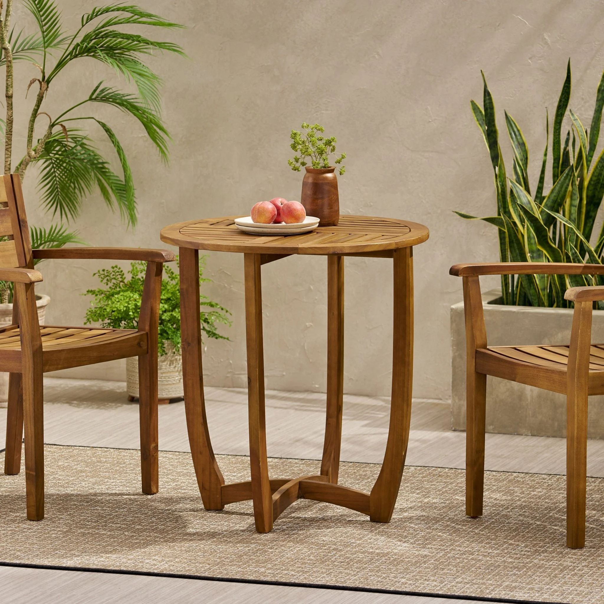 27.5" Outdoor Circular Wood Bistro Table with Curved Legs and Slat Panel Table Top - Image 3