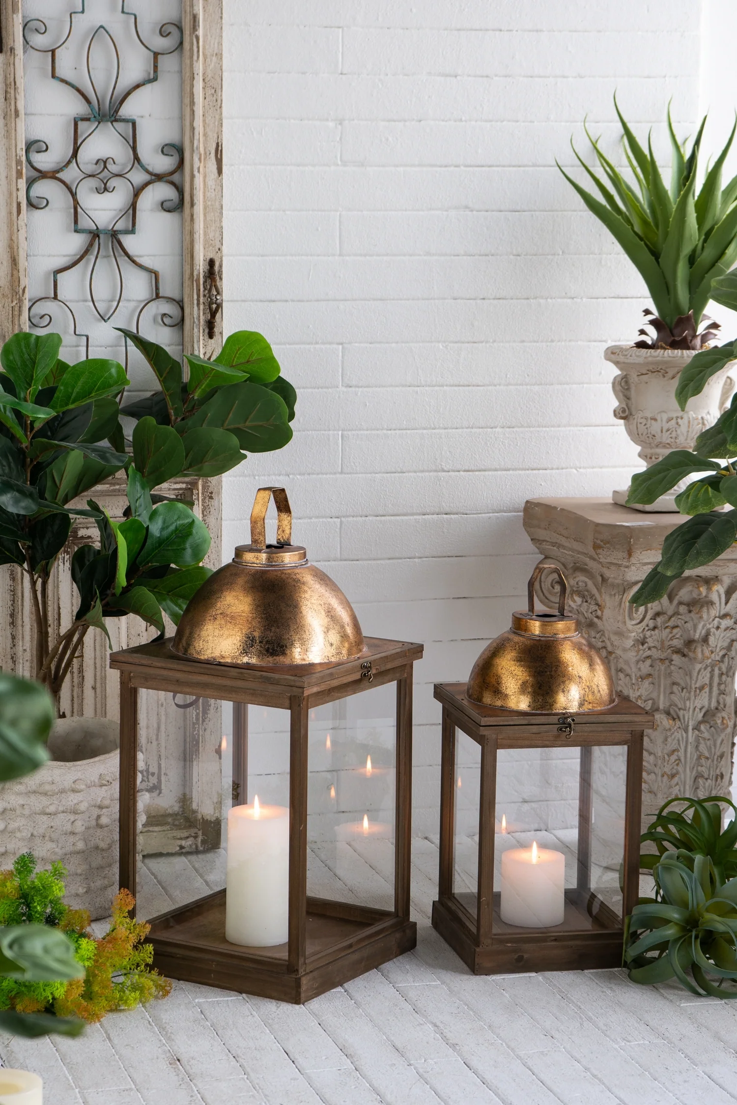 Schaffer Brown Wooden Lanterns with Clear Glass Panels, Set of 2 - Image 2