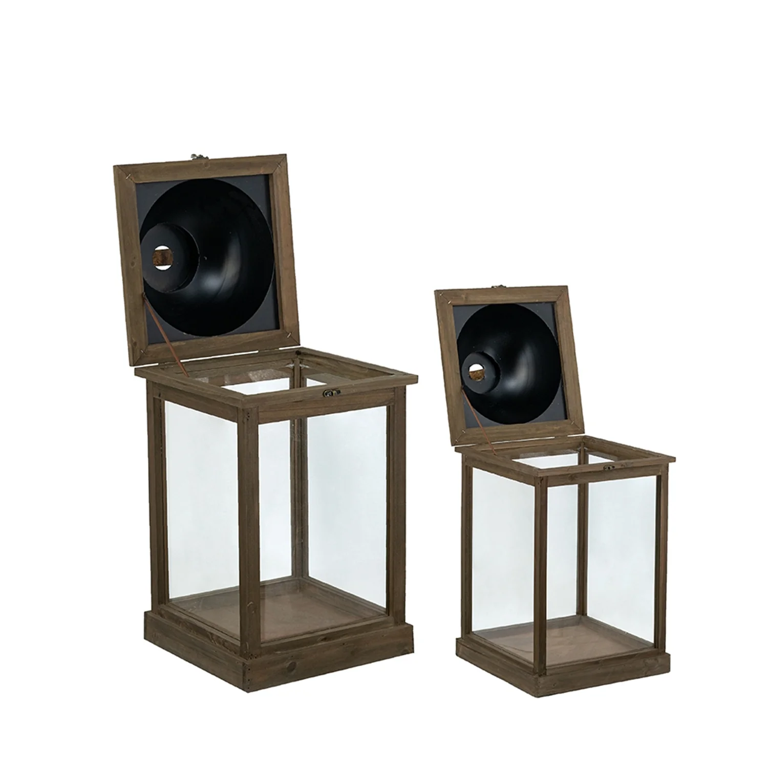 Schaffer Brown Wooden Lanterns with Clear Glass Panels, Set of 2 - Image 5