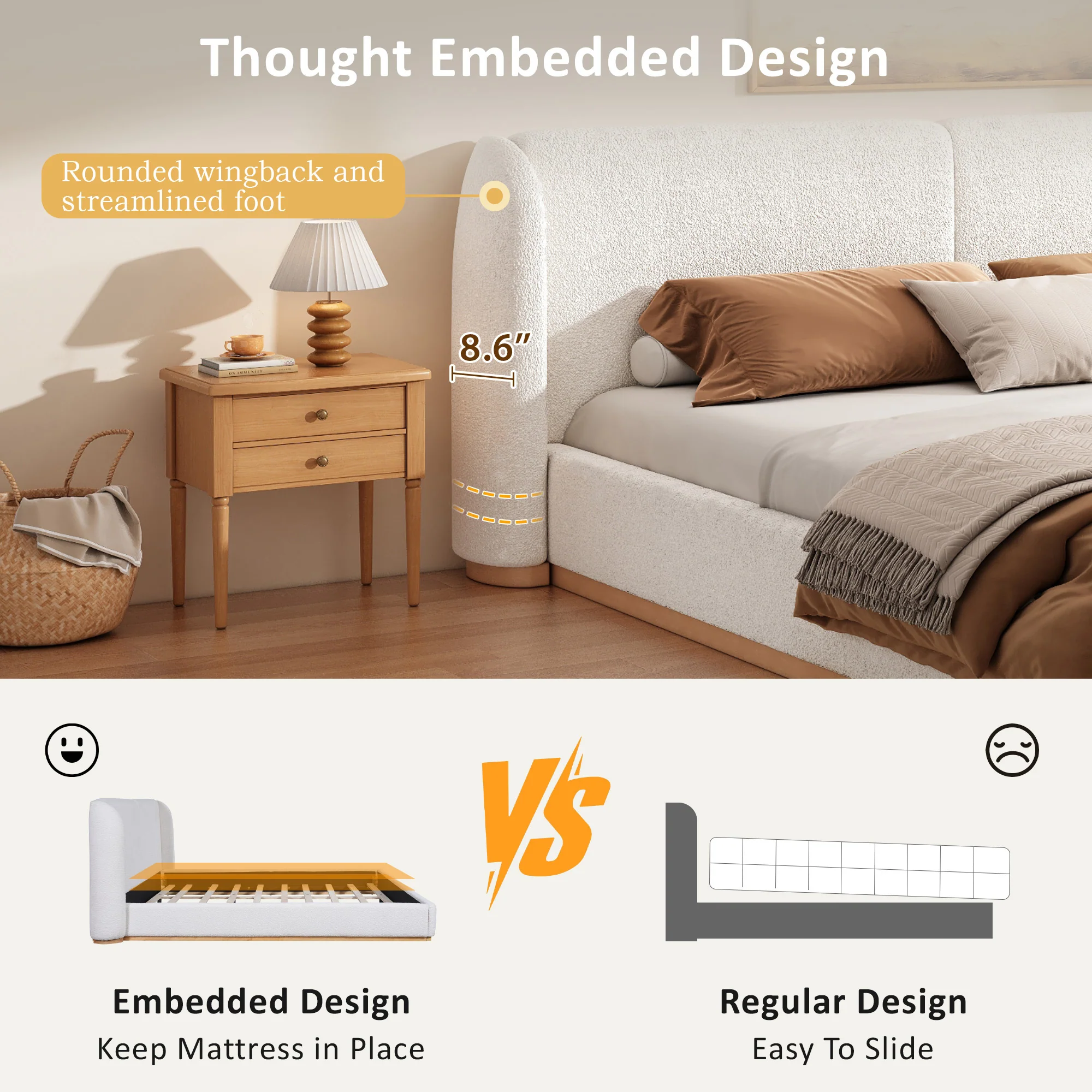 Bed Frame with Boucle Upholstered Wingback Headboard - Image 6