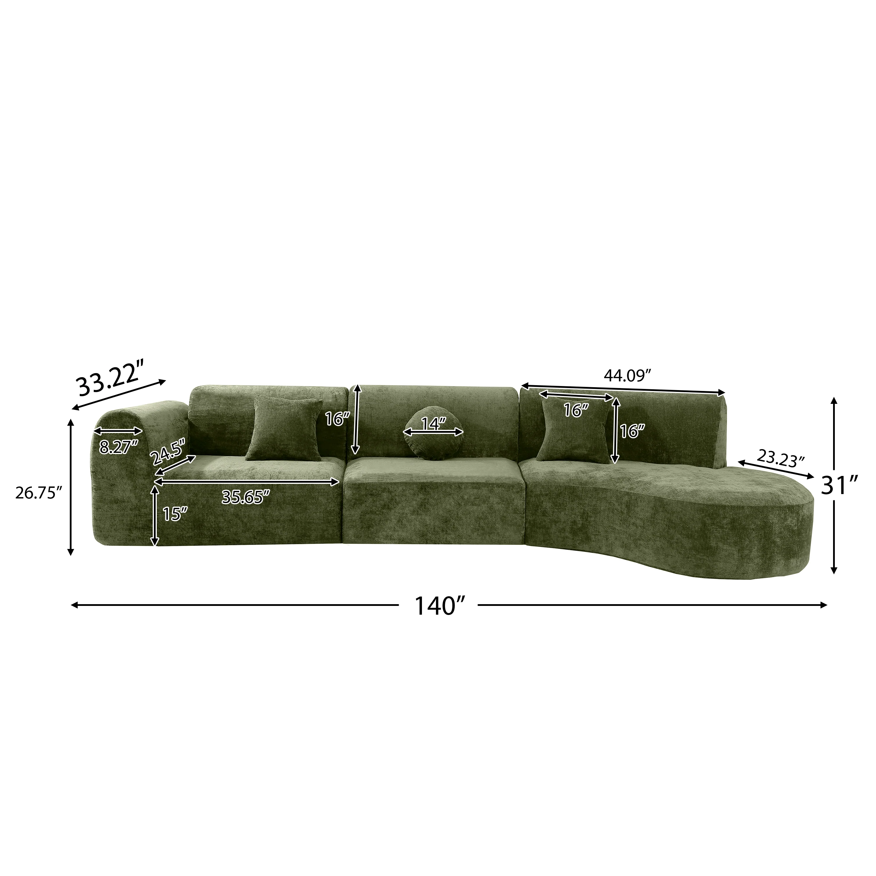3-Piece 140" Modern Curved Sectional Sofa with High-Density Fully Compressed Sponge and Chaise Lounge, Right Hand Facing - Image 27