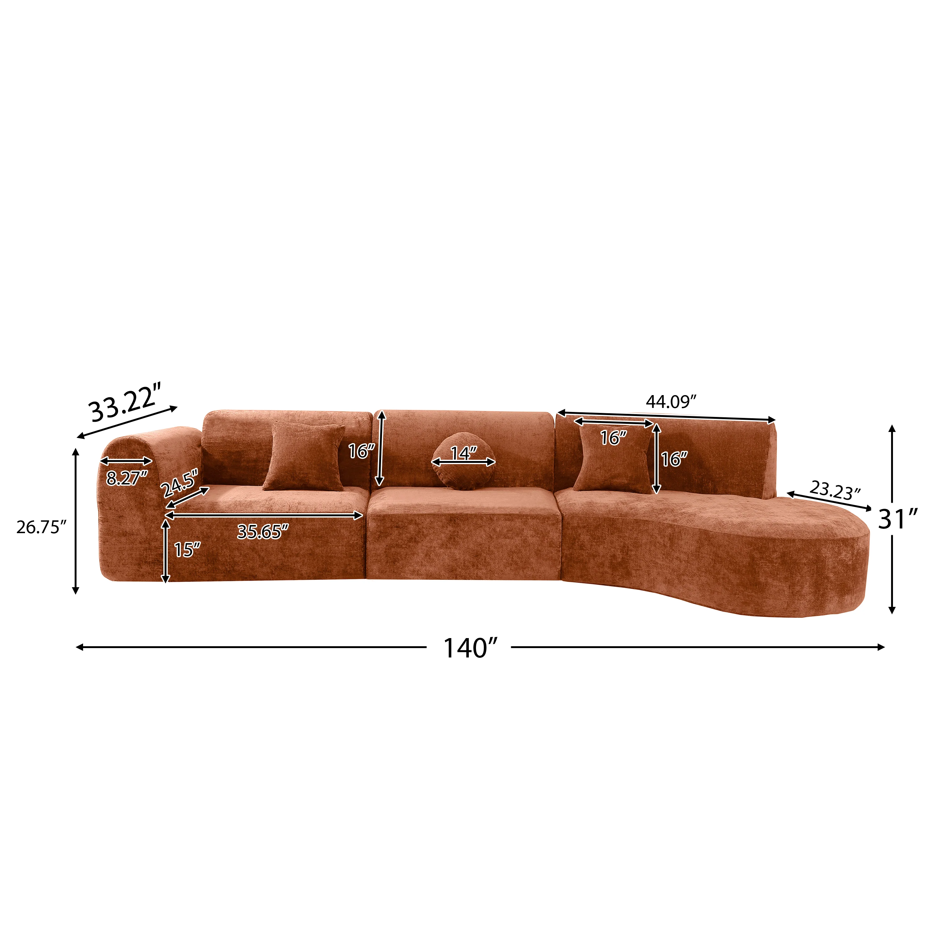 3-Piece 140" Modern Curved Sectional Sofa with High-Density Fully Compressed Sponge and Chaise Lounge, Right Hand Facing - Image 40