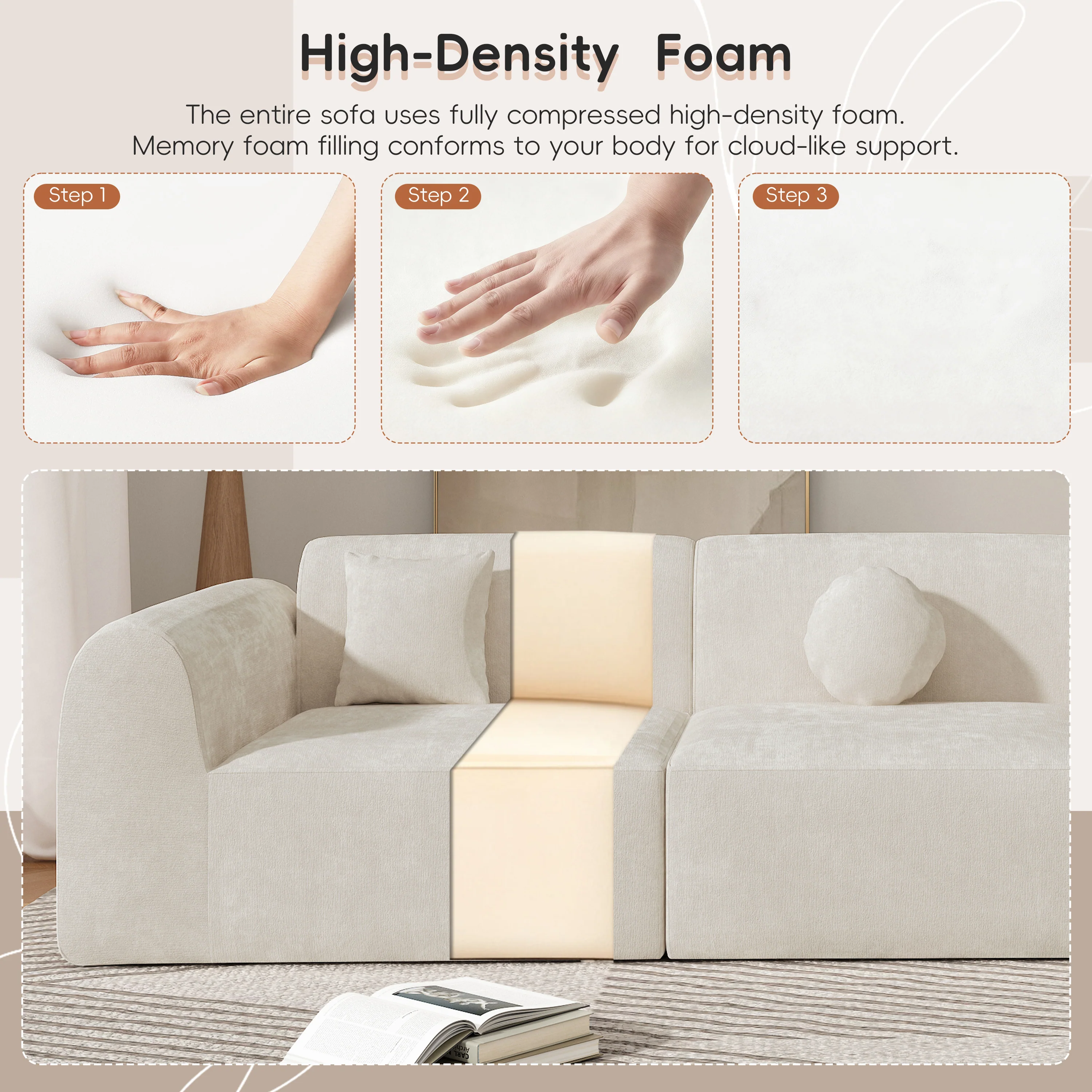 3-Piece 140" Modern Curved Sectional Sofa with High-Density Fully Compressed Sponge and Chaise Lounge, Right Hand Facing - Image 7