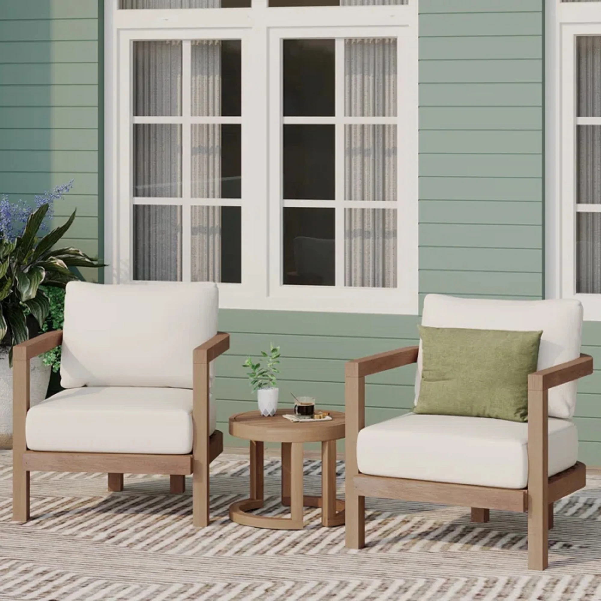 3-Piece Outdoor Set with 2 Open Back Club Chairs and Wooden Table - Image 2