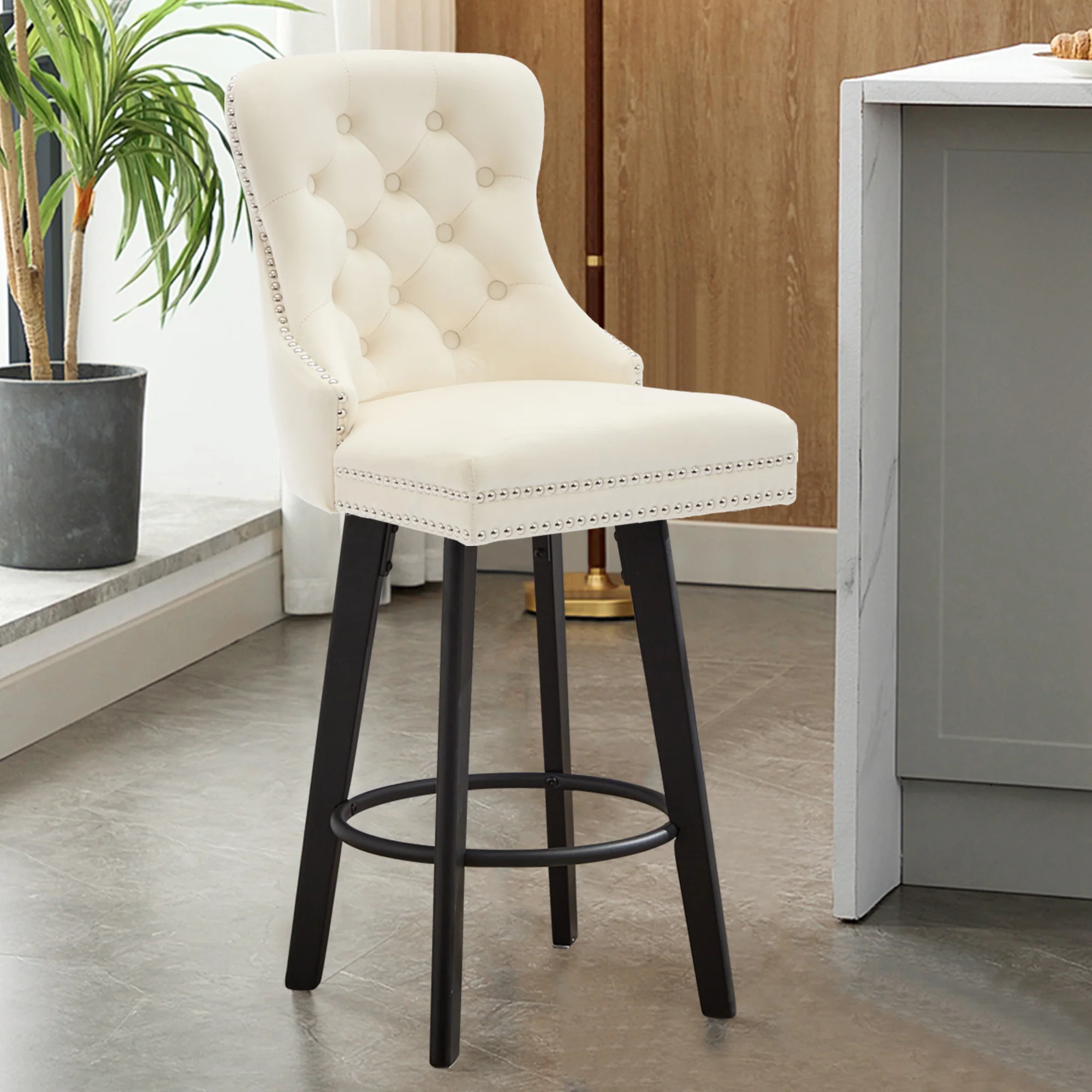 Modern Velvet Button Tufted Swivel Bar Stool with Metal Pull Ring
