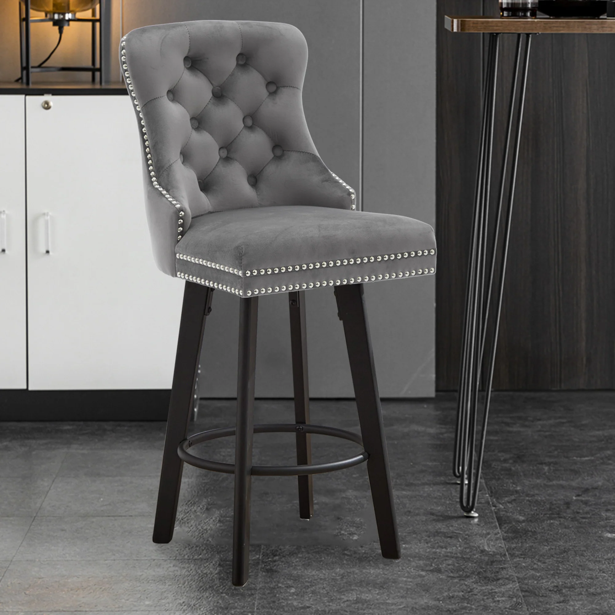 Modern Velvet Button Tufted Swivel Bar Stool with Metal Pull Ring - Image 24