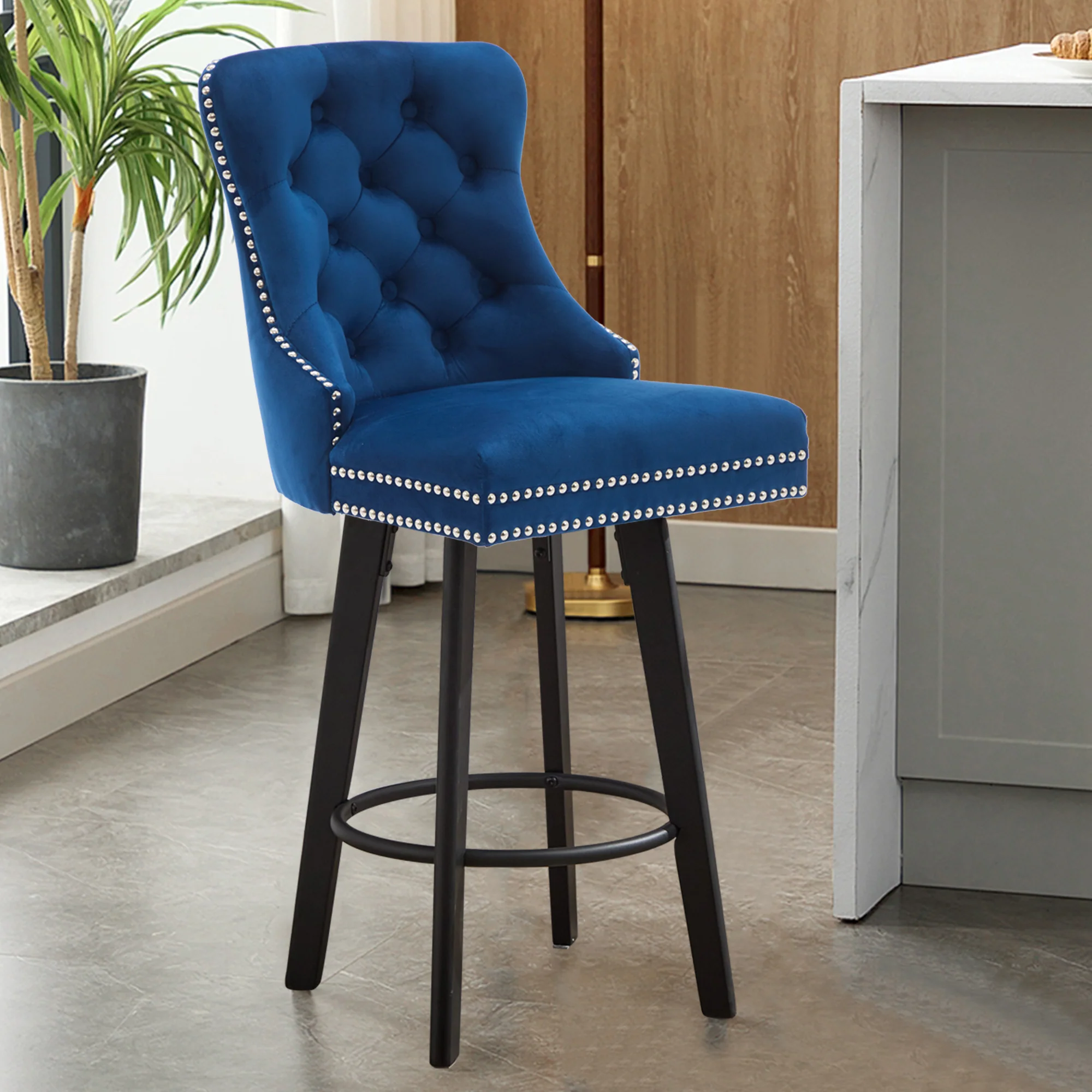 Modern Velvet Button Tufted Swivel Bar Stool with Metal Pull Ring - Image 35