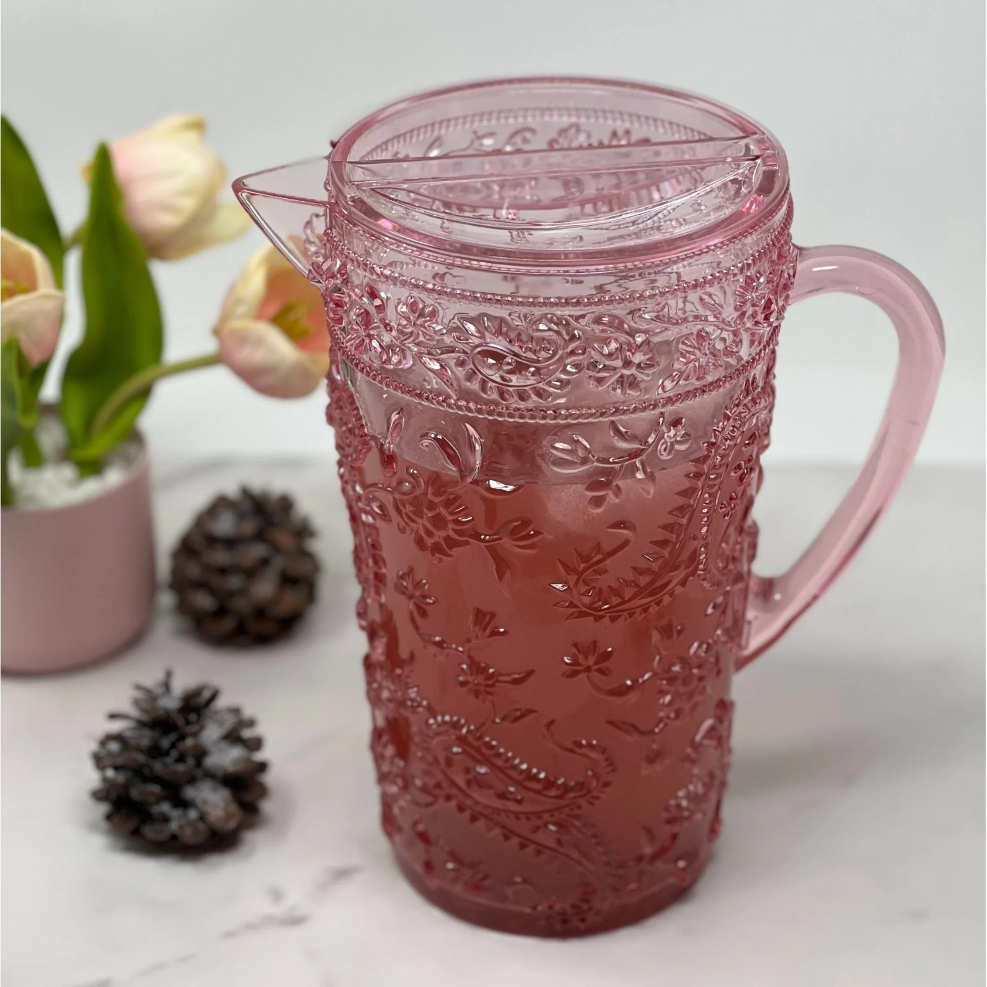 Paisley Unbreakable Plastic Water Pitcher with Lid and Spout, 2.5 Quarts, BPA Free, Pink Acrylic - Image 4