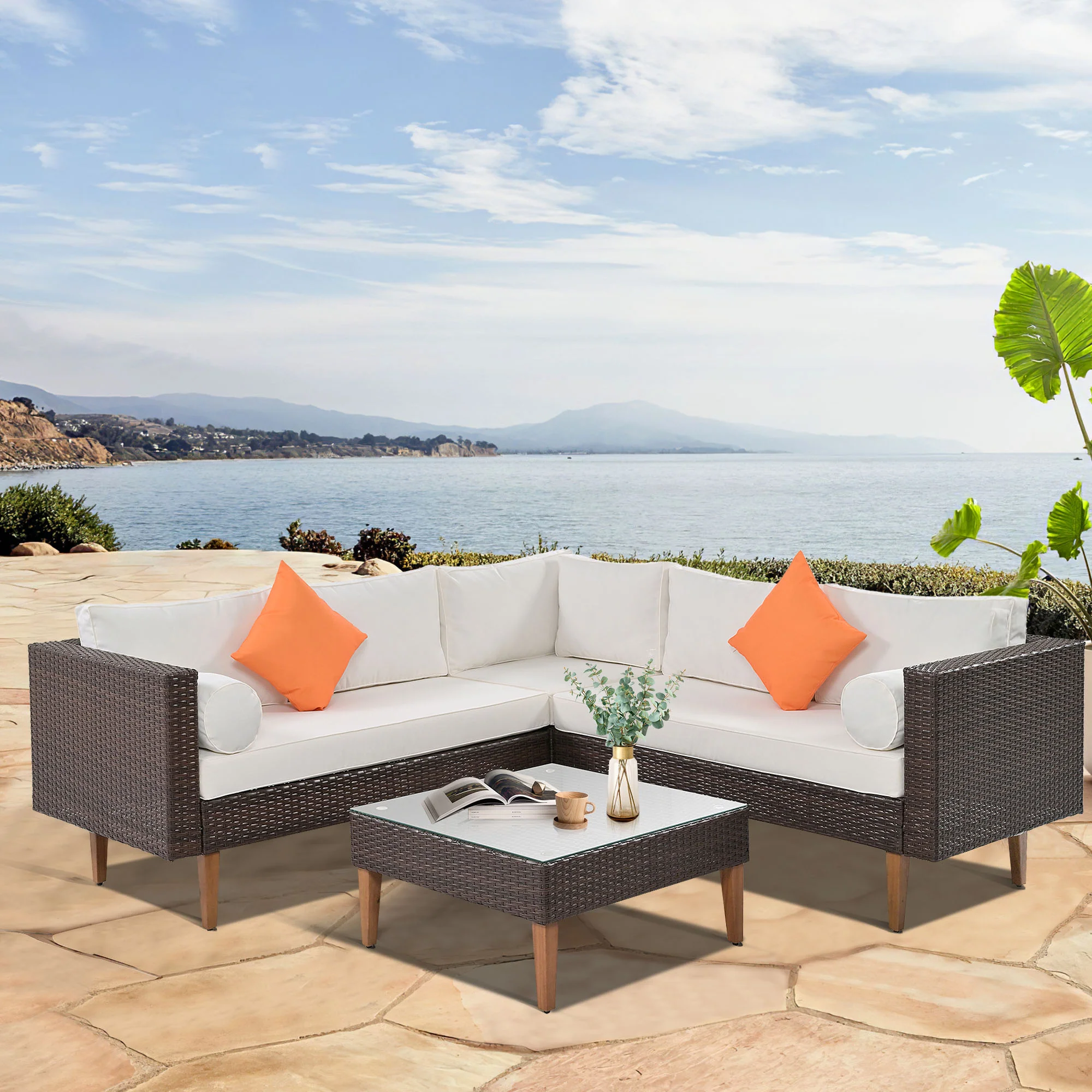 4-Piece Outdoor L-Shaped Sectional Set with Decorative Pillows and Removable Cushions - Image 7