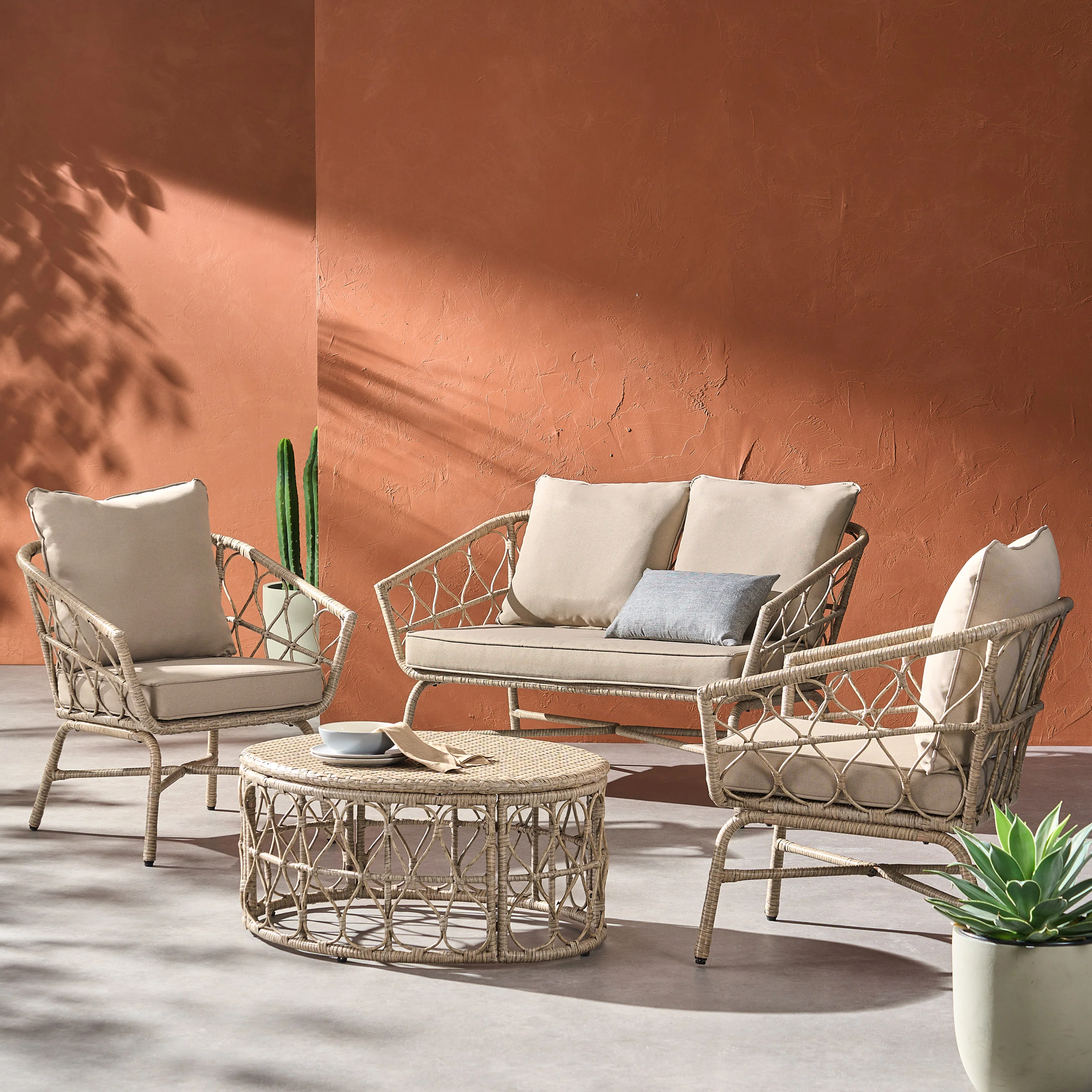 4-Piece Outdoor Rattan Chat Set with Coffee Table, Loveseat and 2 Sloped Arm Chairs - Image 2