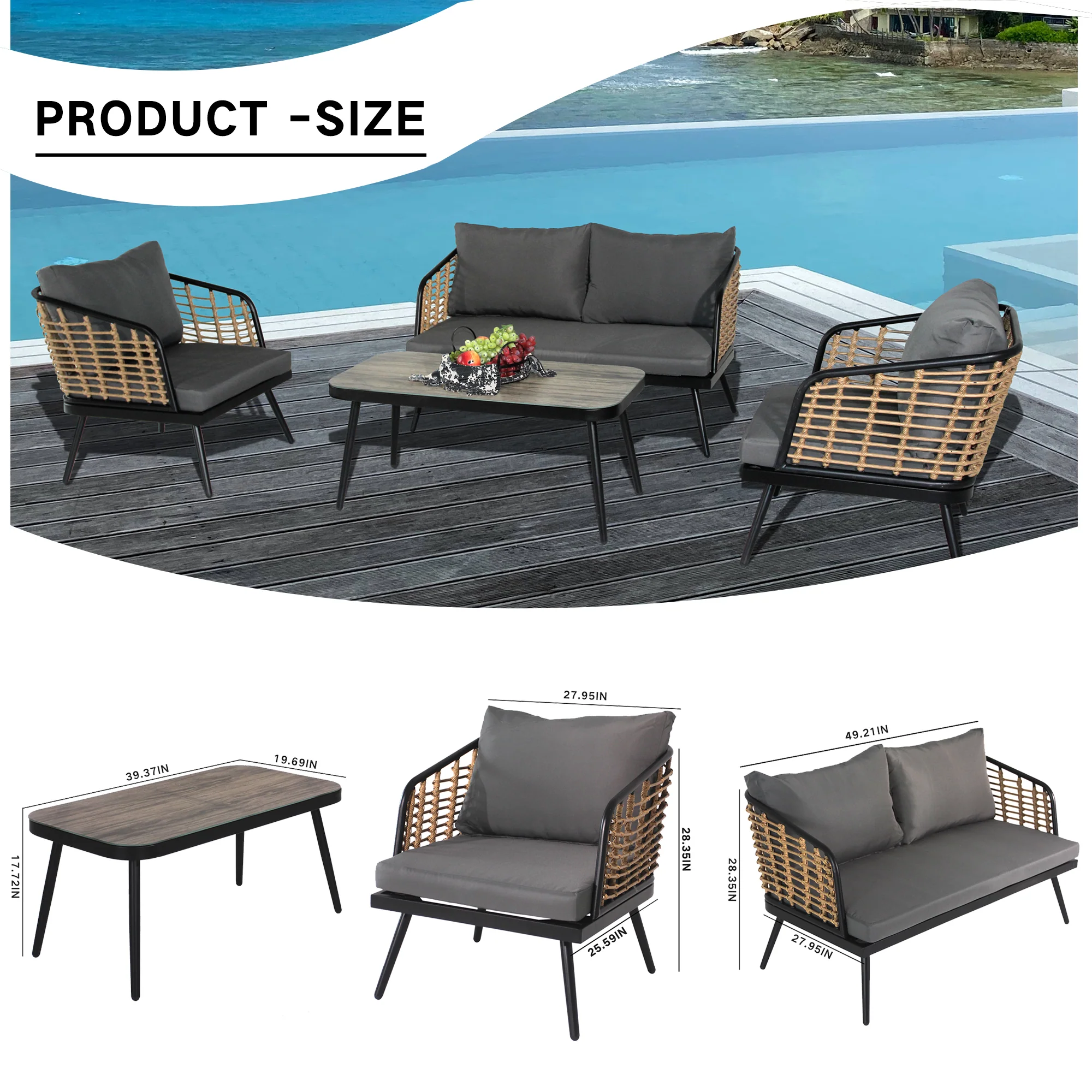 4-Piece Patio Set with Coffee Table, Loveseat and 2 Single Sofas - Image 9