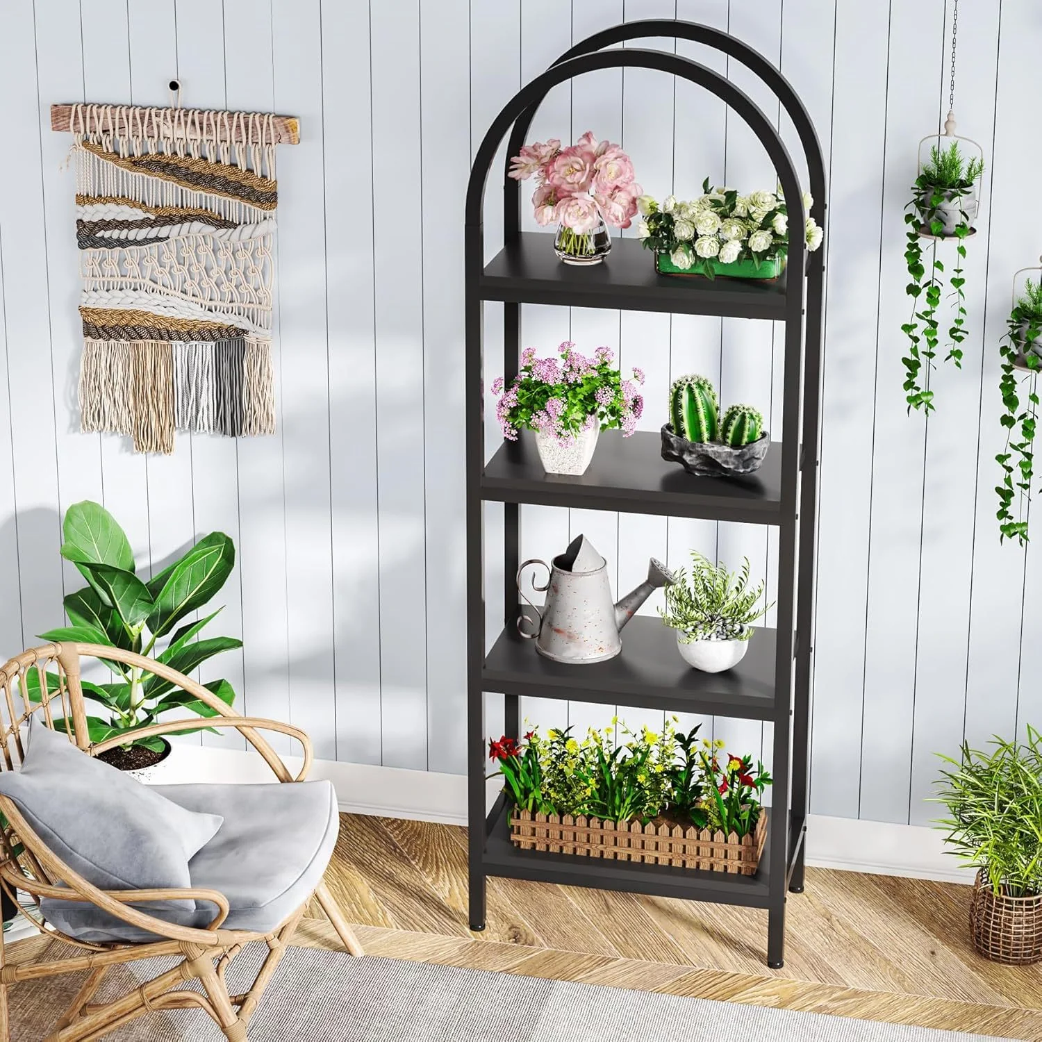 4-Tier Black Industrial Arched Open Bookshelf - Image 6