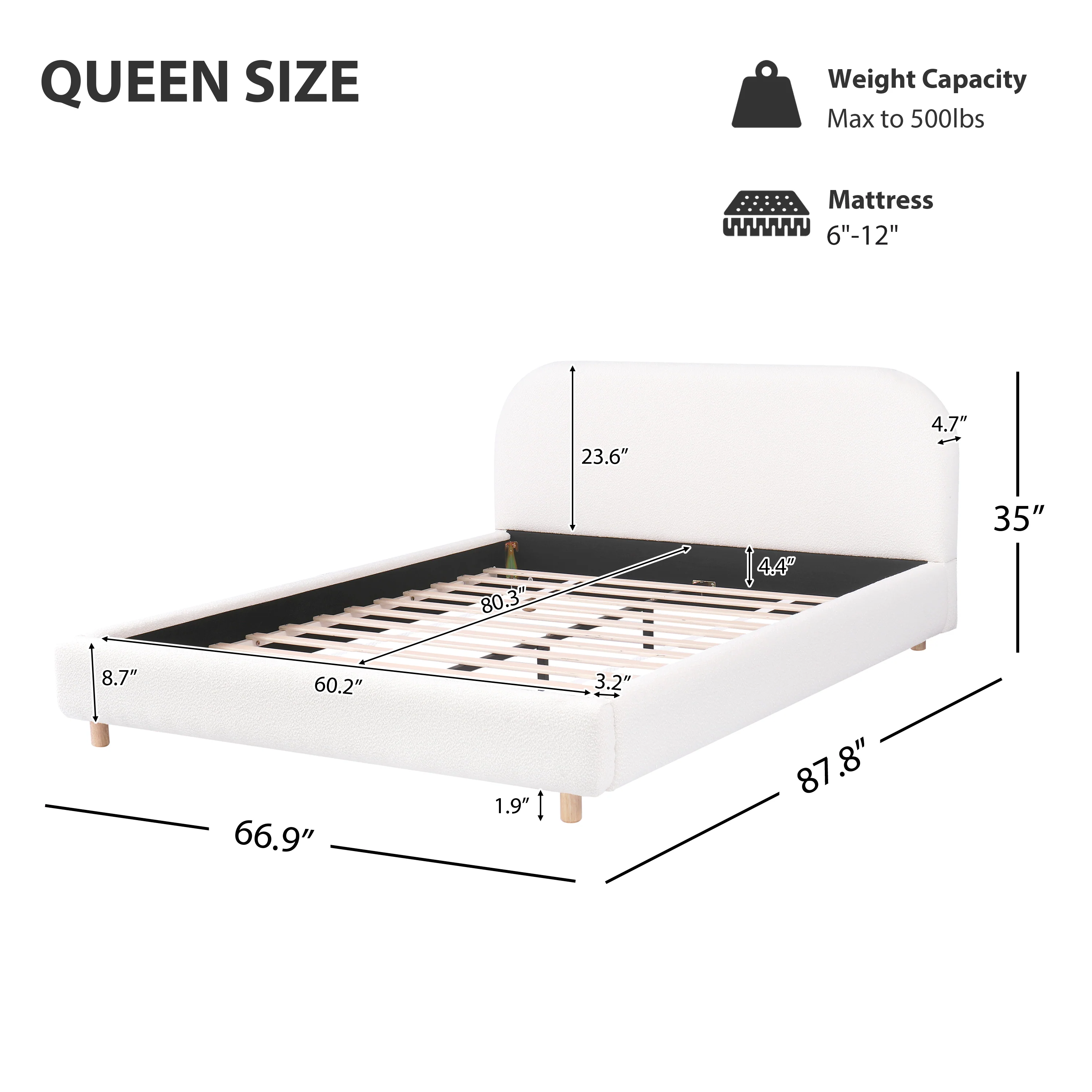 Boucle Fabric Upholstered Platform Bed with Curve-Shaped Design Headboard - Image 11