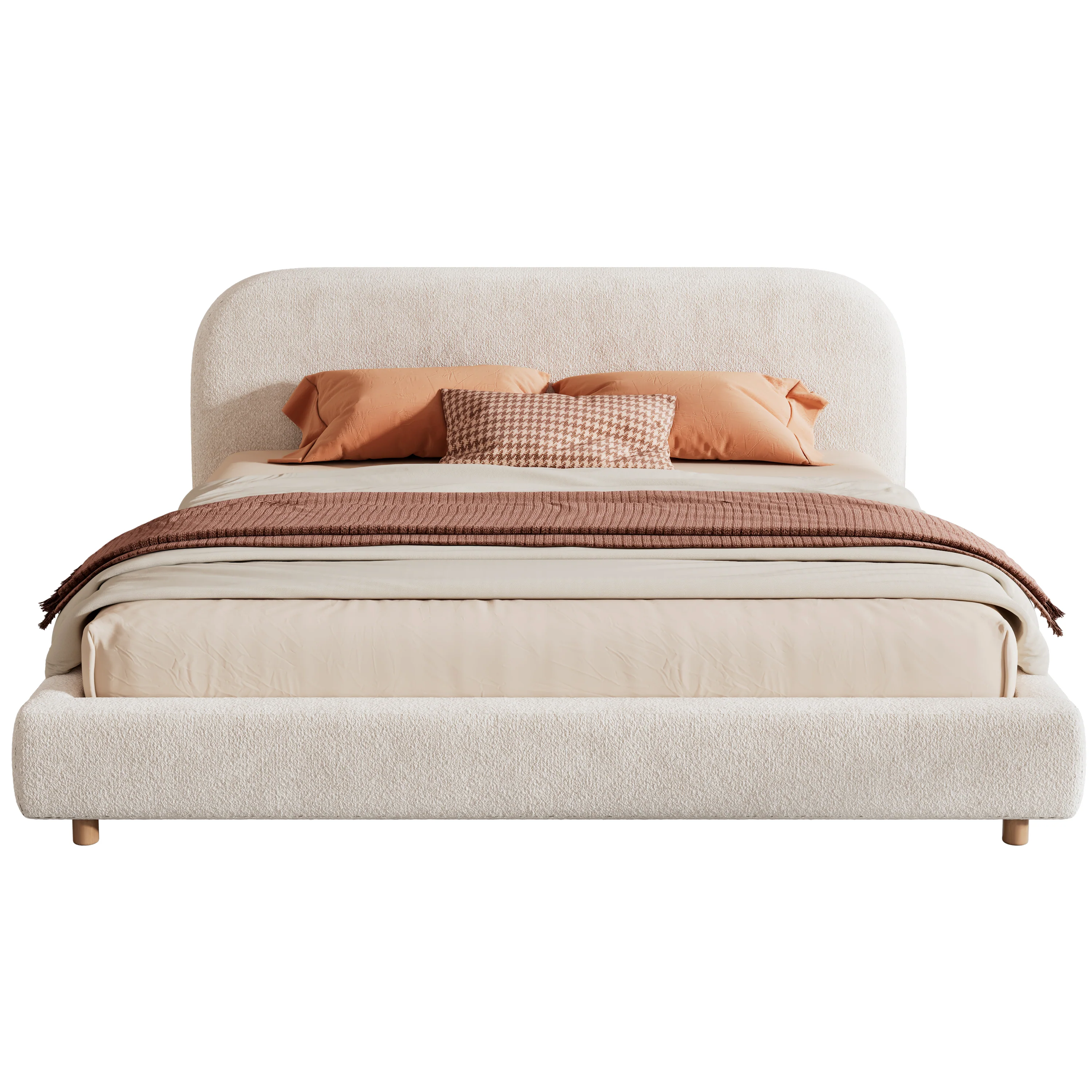 Boucle Fabric Upholstered Platform Bed with Curve-Shaped Design Headboard - Image 22