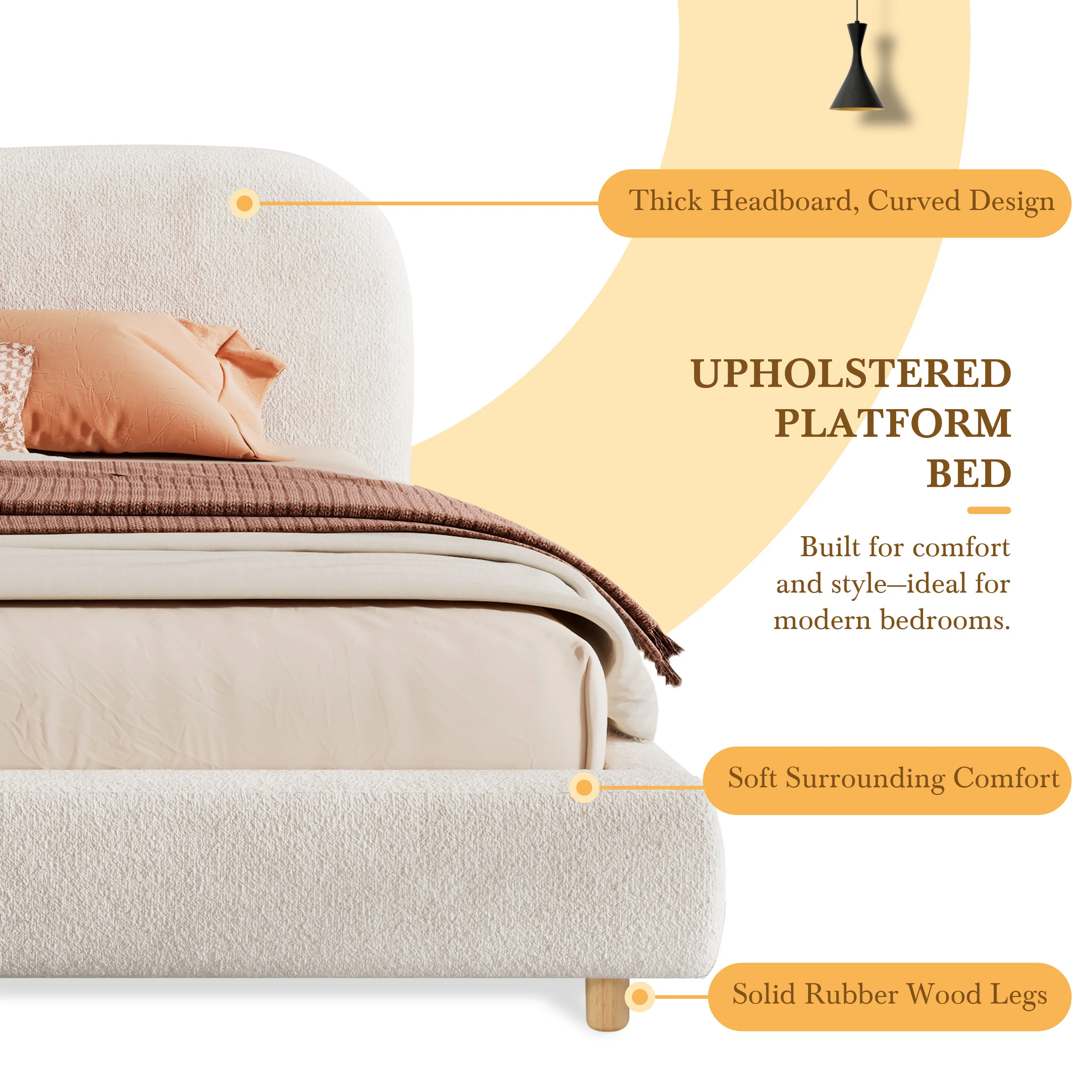Boucle Fabric Upholstered Platform Bed with Curve-Shaped Design Headboard - Image 5