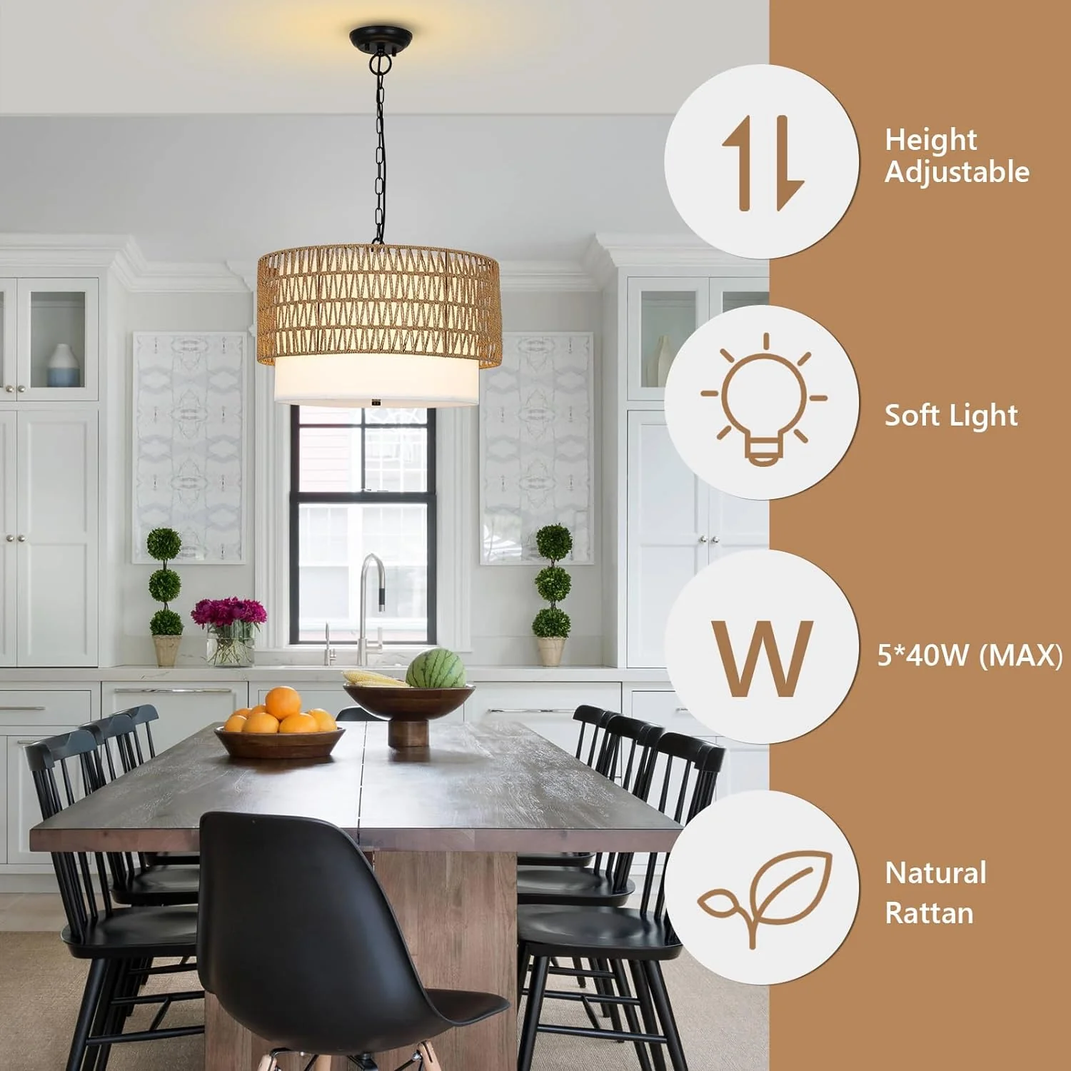 5-Light Rattan Chandelier with Fabric Shade and Adjustable Height - Image 7