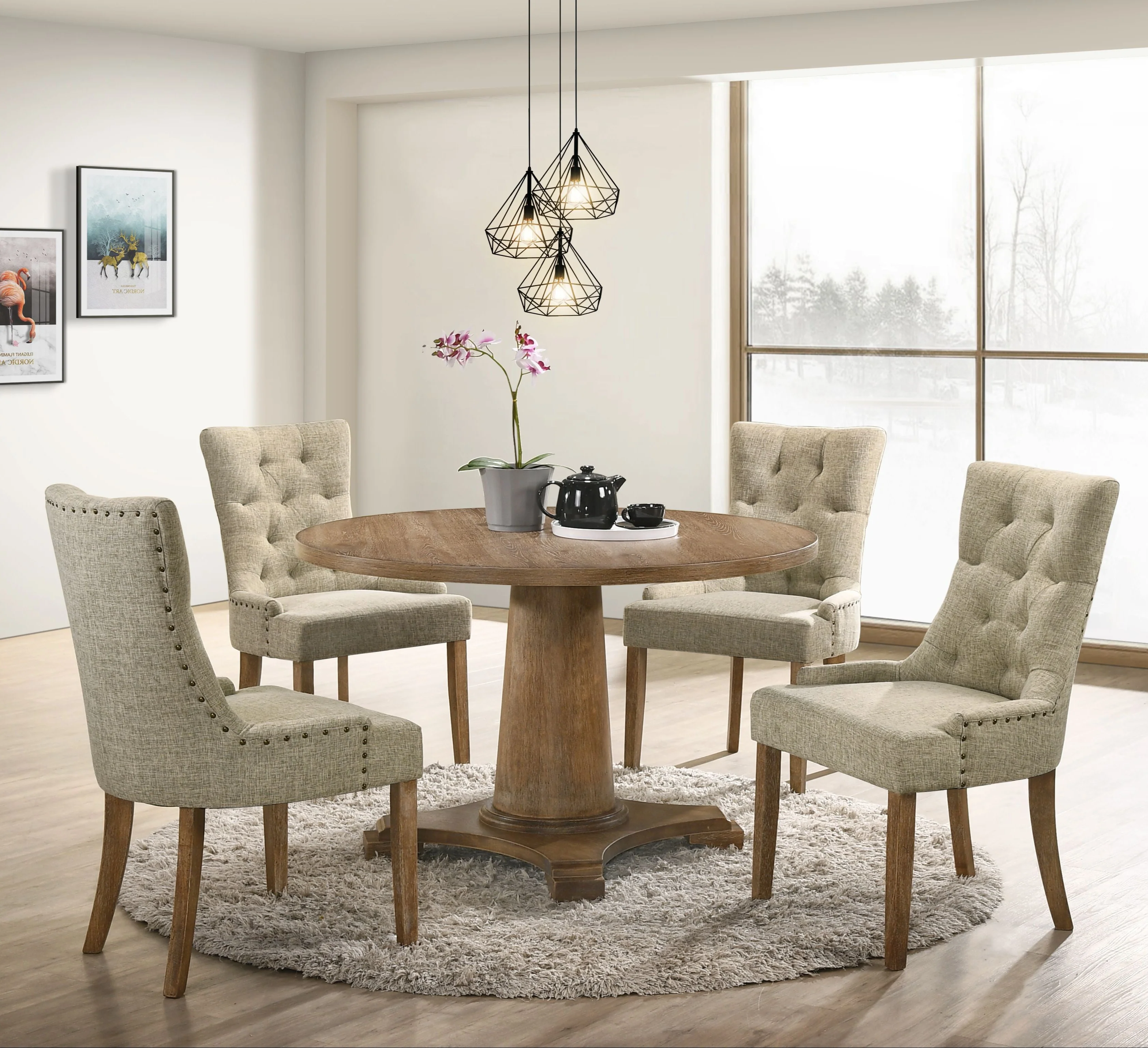 5-Piece Dining Room Set with Round Table and 4 Tufted Back Chairs