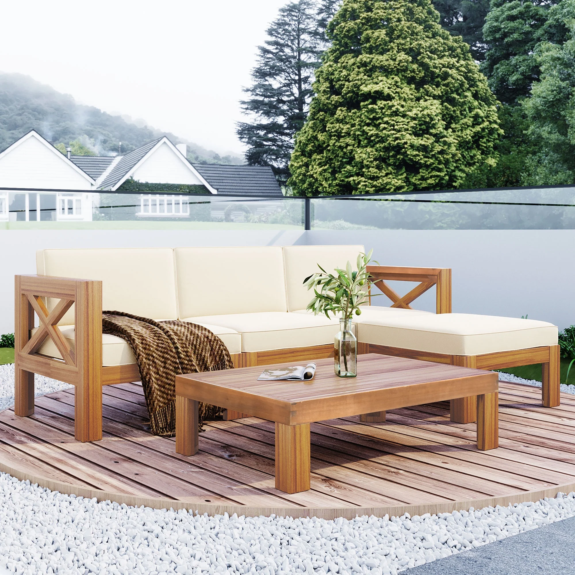 5 Piece Outdoor Sectional Sofa Set with Tea Table and Cushions, Beige and Natural - Image 2