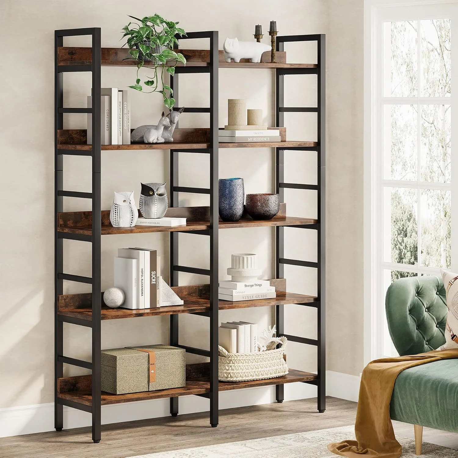 5-Tier Rustic Brown Double Wide Industrial Bookshelf with Metal Frame - Image 2