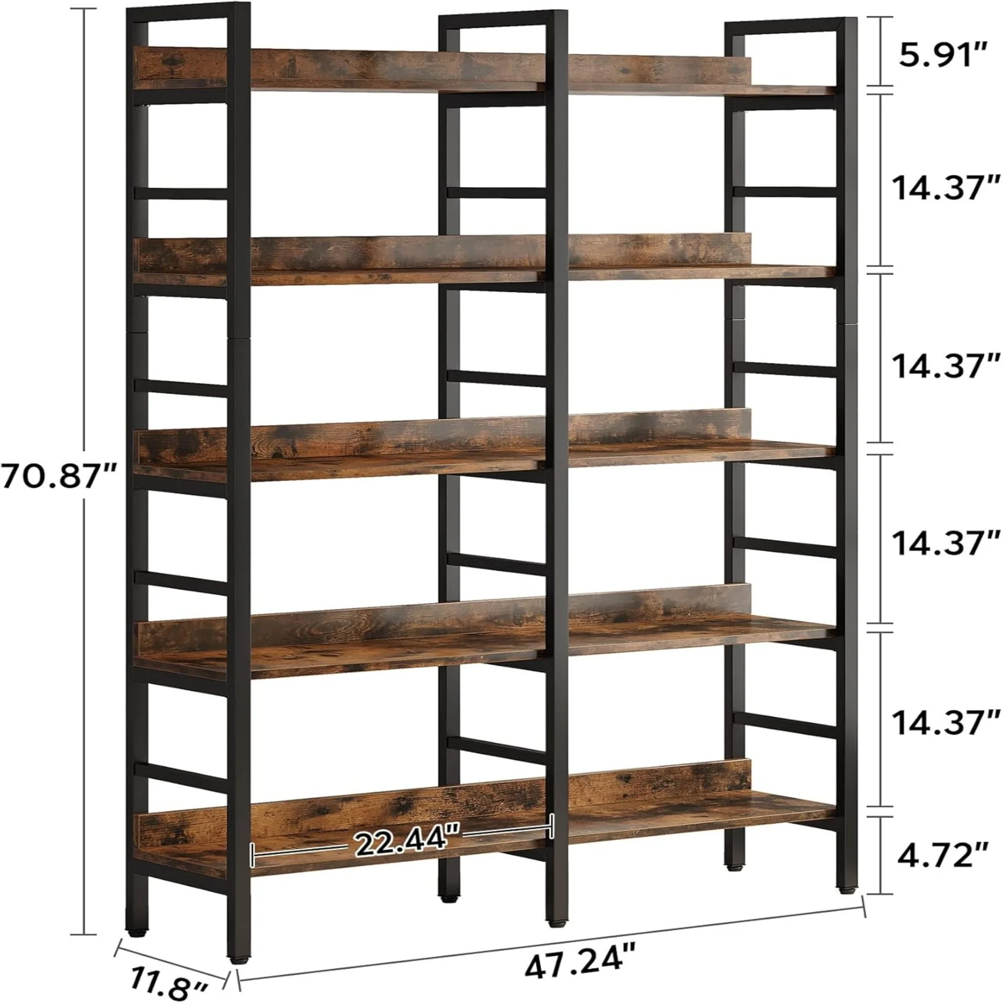 5-Tier Rustic Brown Double Wide Industrial Bookshelf with Metal Frame - Image 3