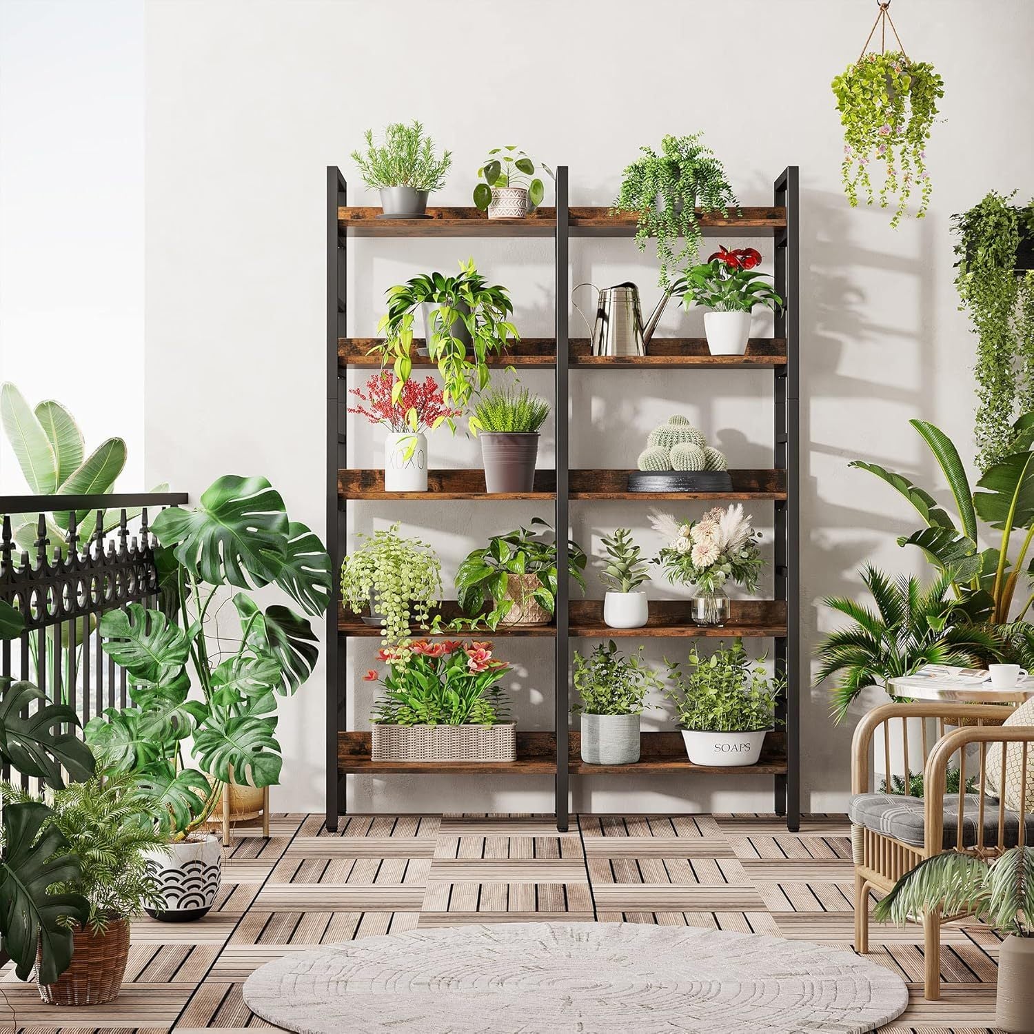 5-Tier Rustic Brown Double Wide Industrial Bookshelf with Metal Frame - Image 4
