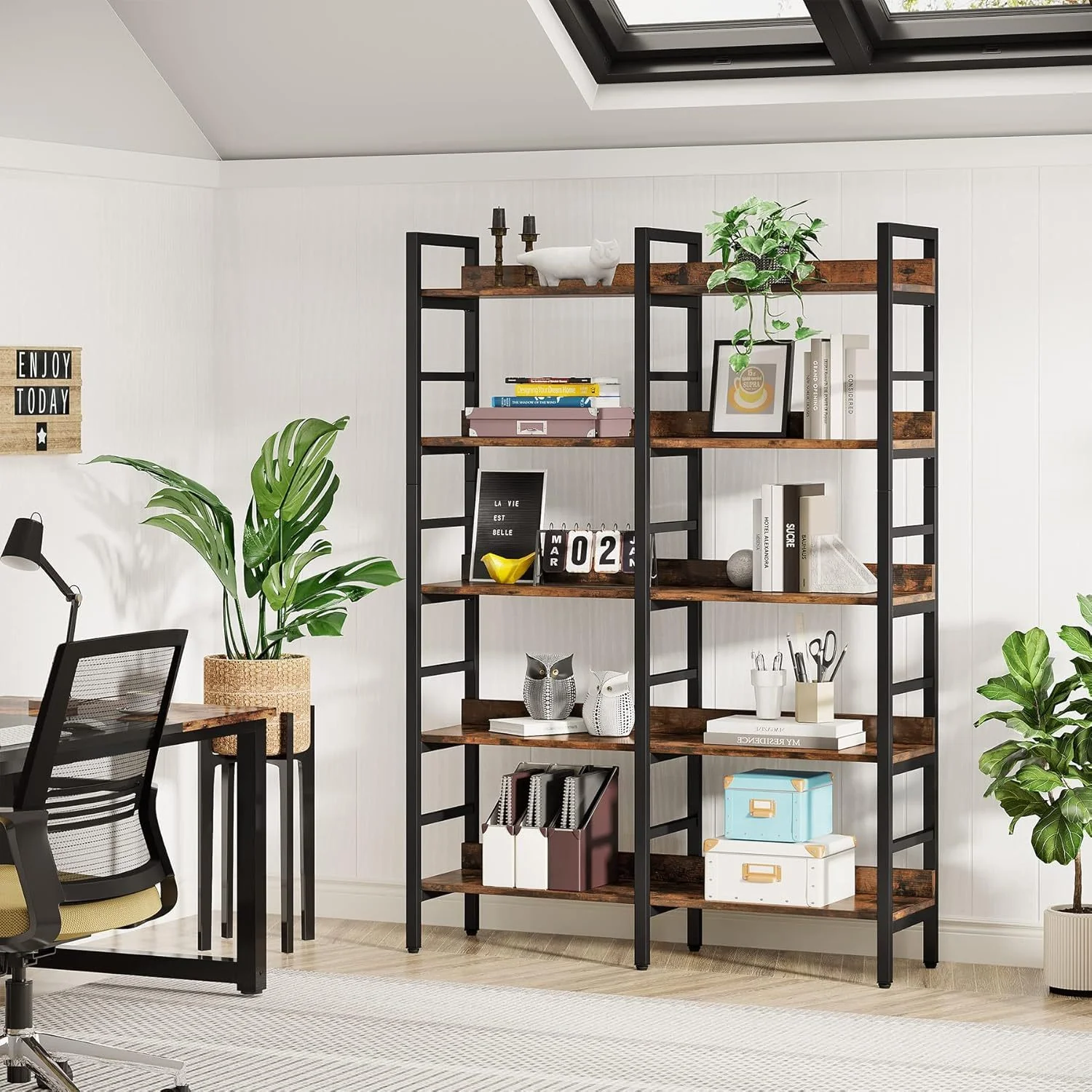 5-Tier Rustic Brown Double Wide Industrial Bookshelf with Metal Frame - Image 5