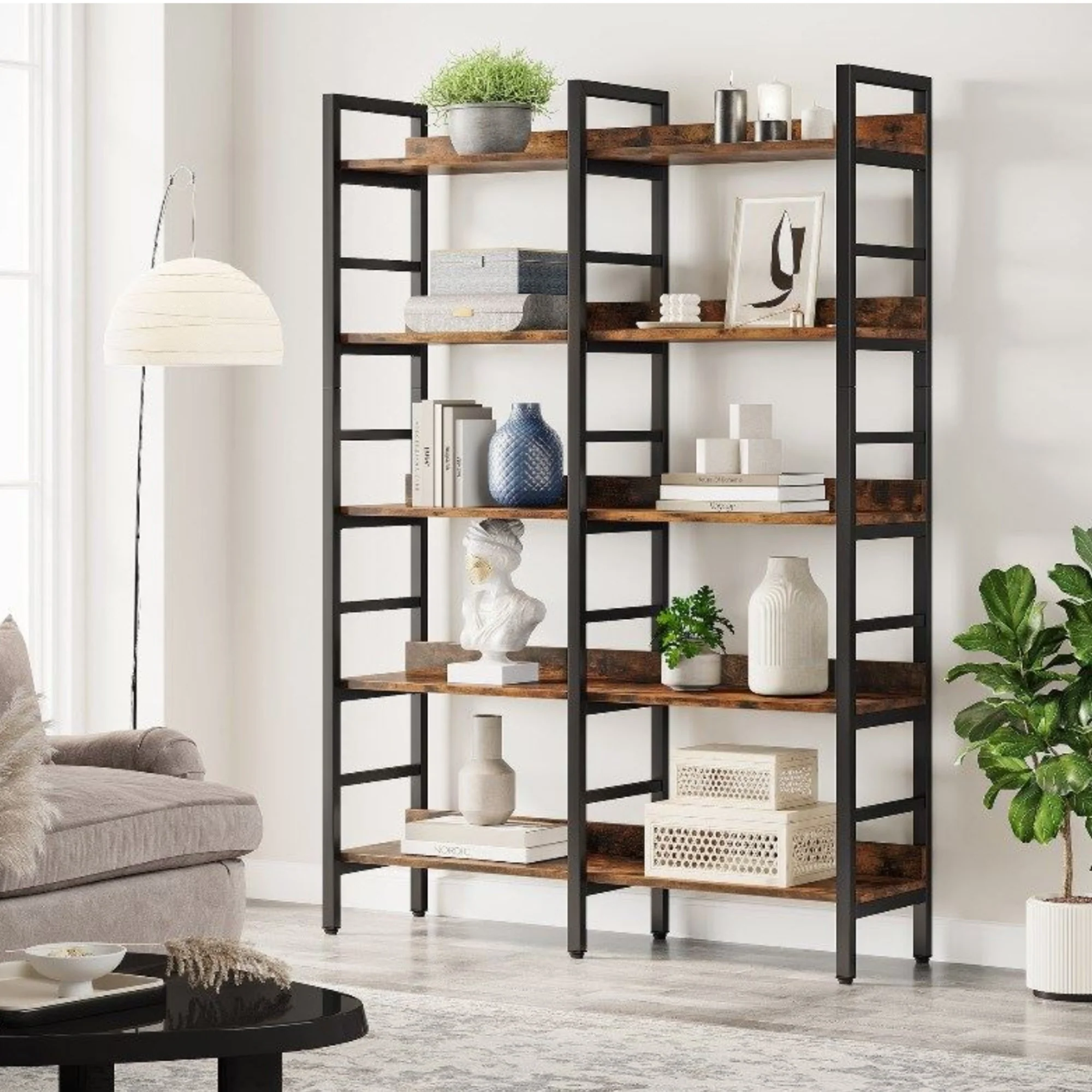 5-Tier Rustic Brown Double Wide Industrial Bookshelf with Metal Frame - Image 6