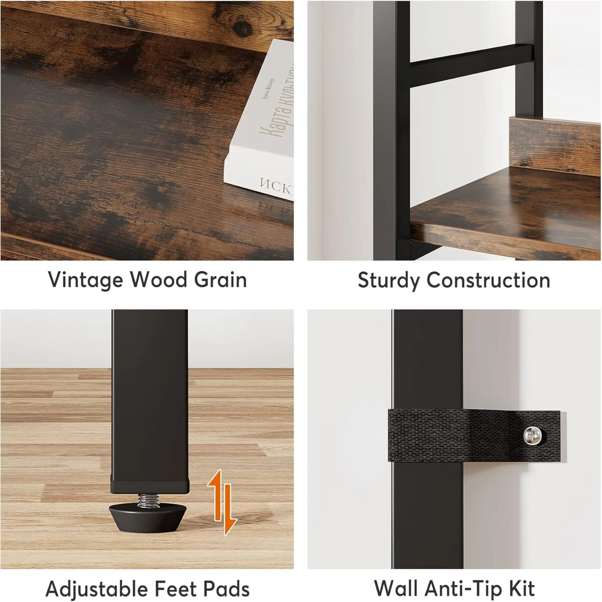 5-Tier Rustic Brown Double Wide Industrial Bookshelf with Metal Frame - Image 7