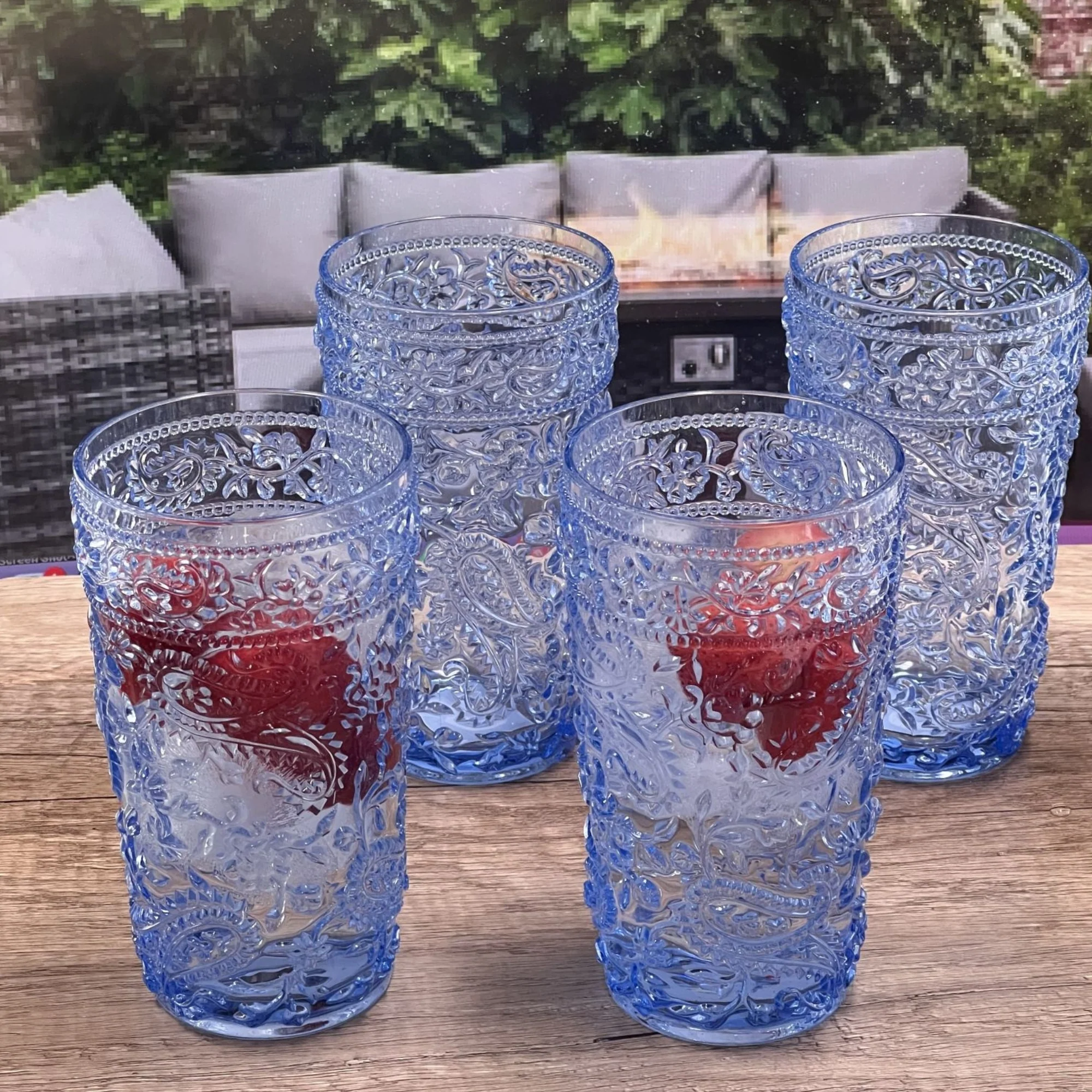 Paisley Style Acrylic Hi Ball Glasses Set of 4, 17oz, BPA Free, Shatterproof, Blue - Image 2