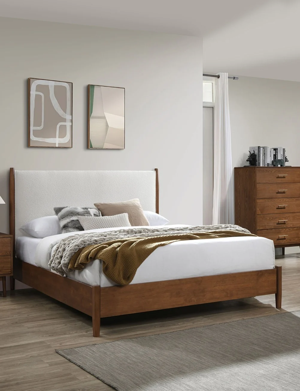 Walnut Color Panel Headboard Beige Upholstered Bed - Image 6