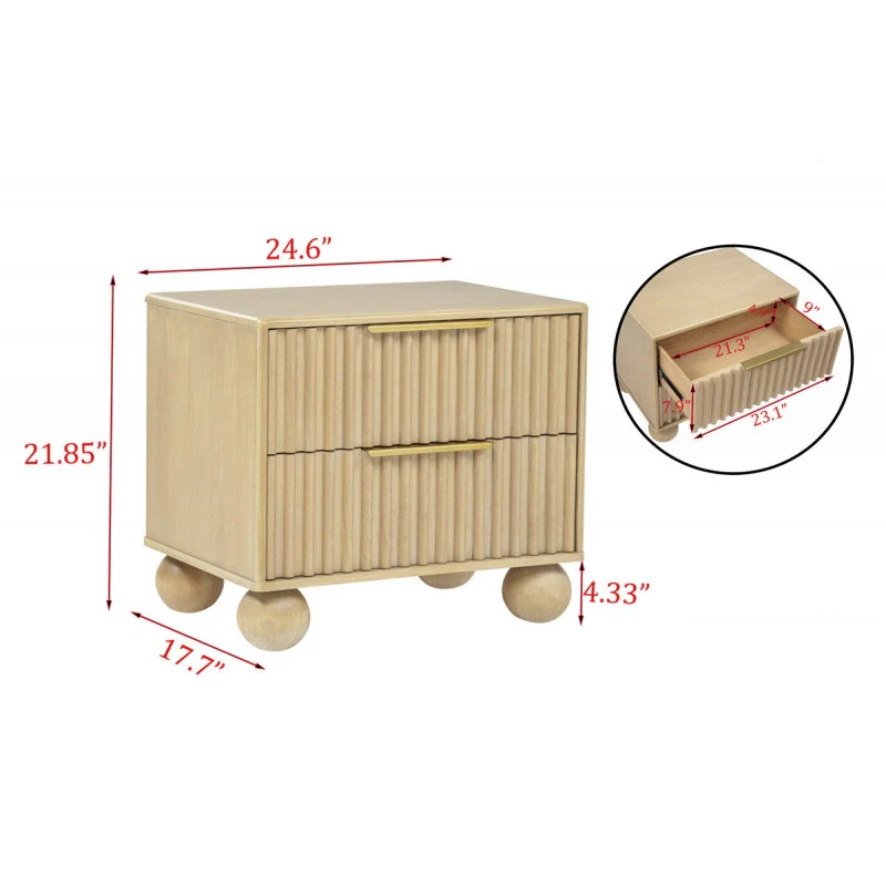 Fluted Modern Light Oak 2 Drawer Nightstand with Fluted Panels and Round Feet - Image 10