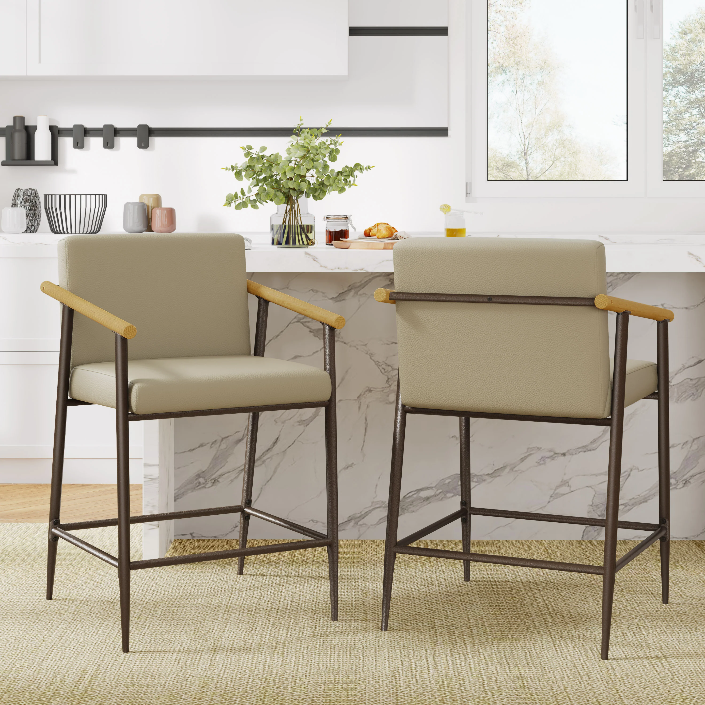 Kentwood Square Back Upholstered Counter Stool with Iron Frame, Set of 2 - Image 2