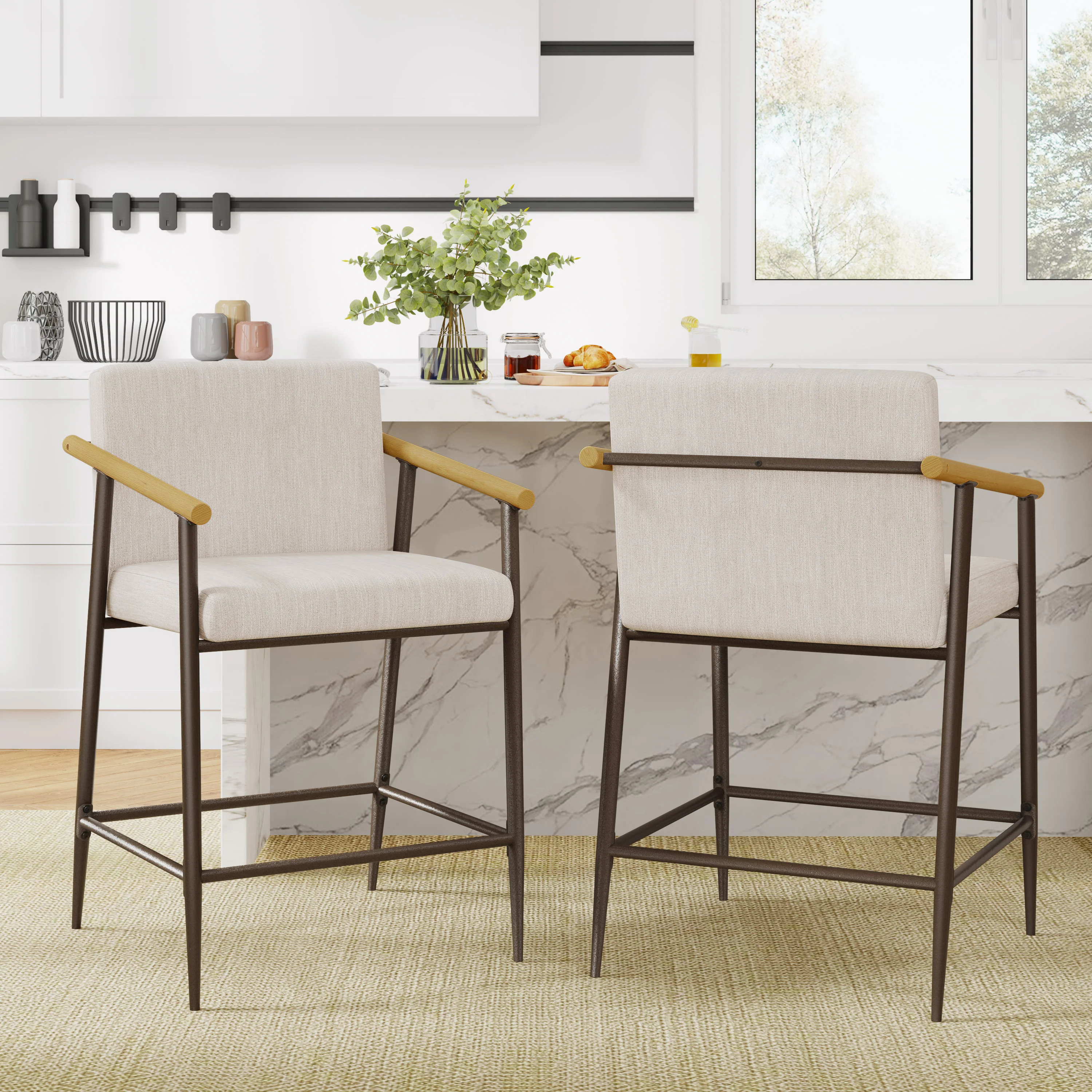 Kentwood Square Back Upholstered Counter Stool with Iron Frame, Set of 2 - Image 42