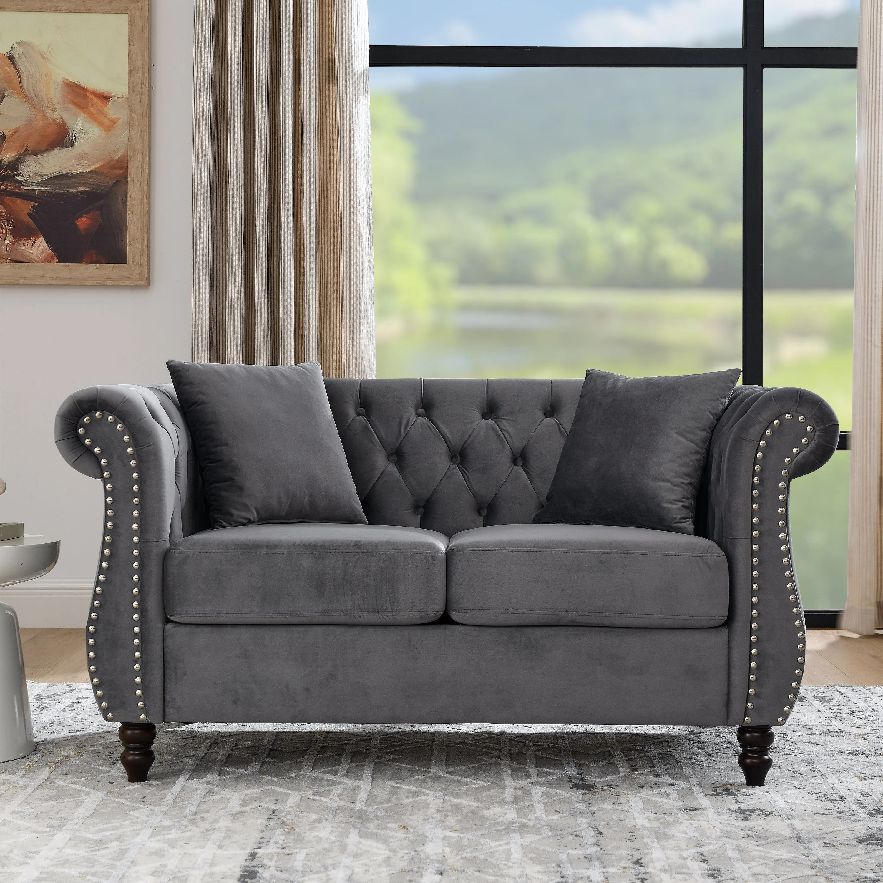 Nailhead Velvet Chesterfield Loveseat - Image 3