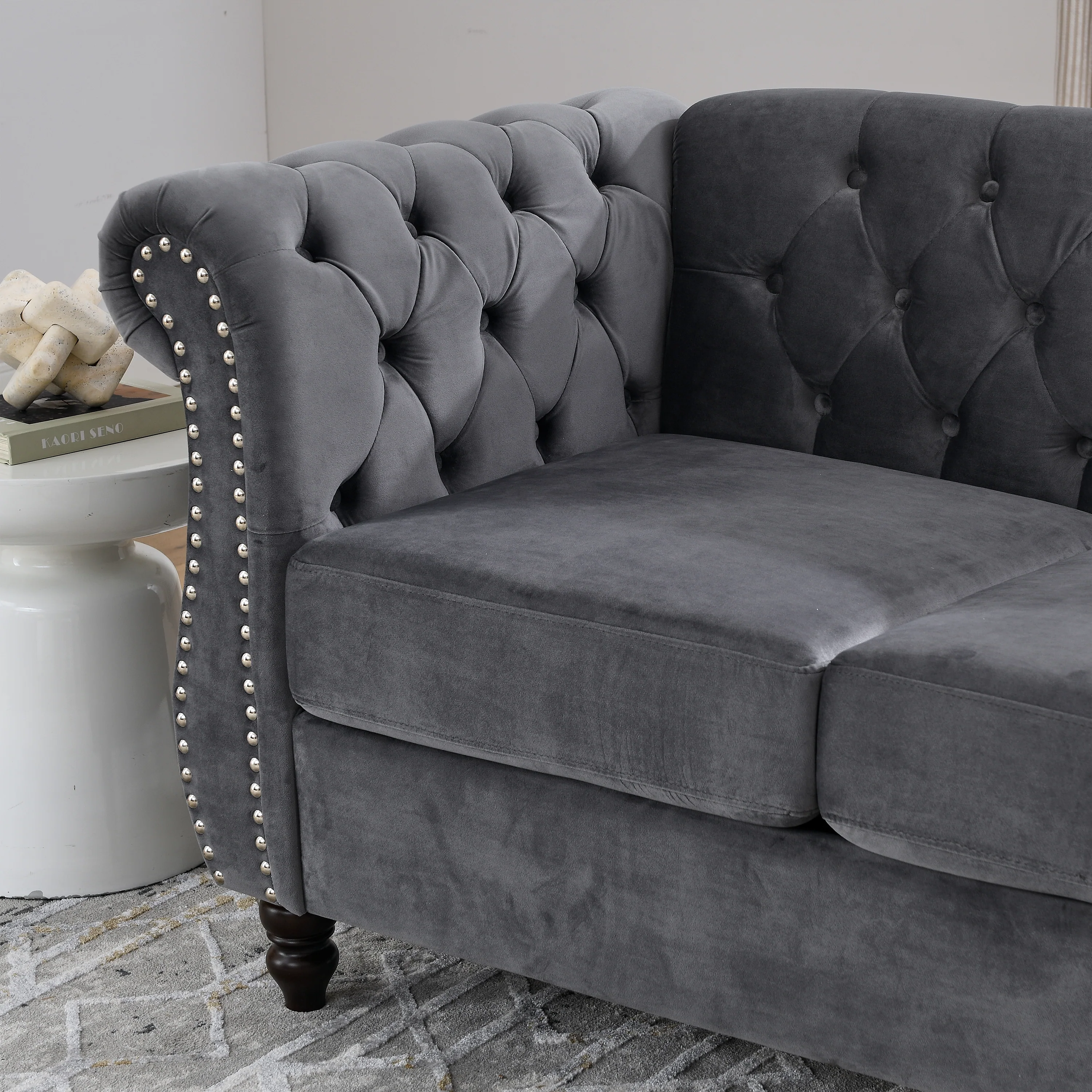 Nailhead Velvet Chesterfield Loveseat - Image 35