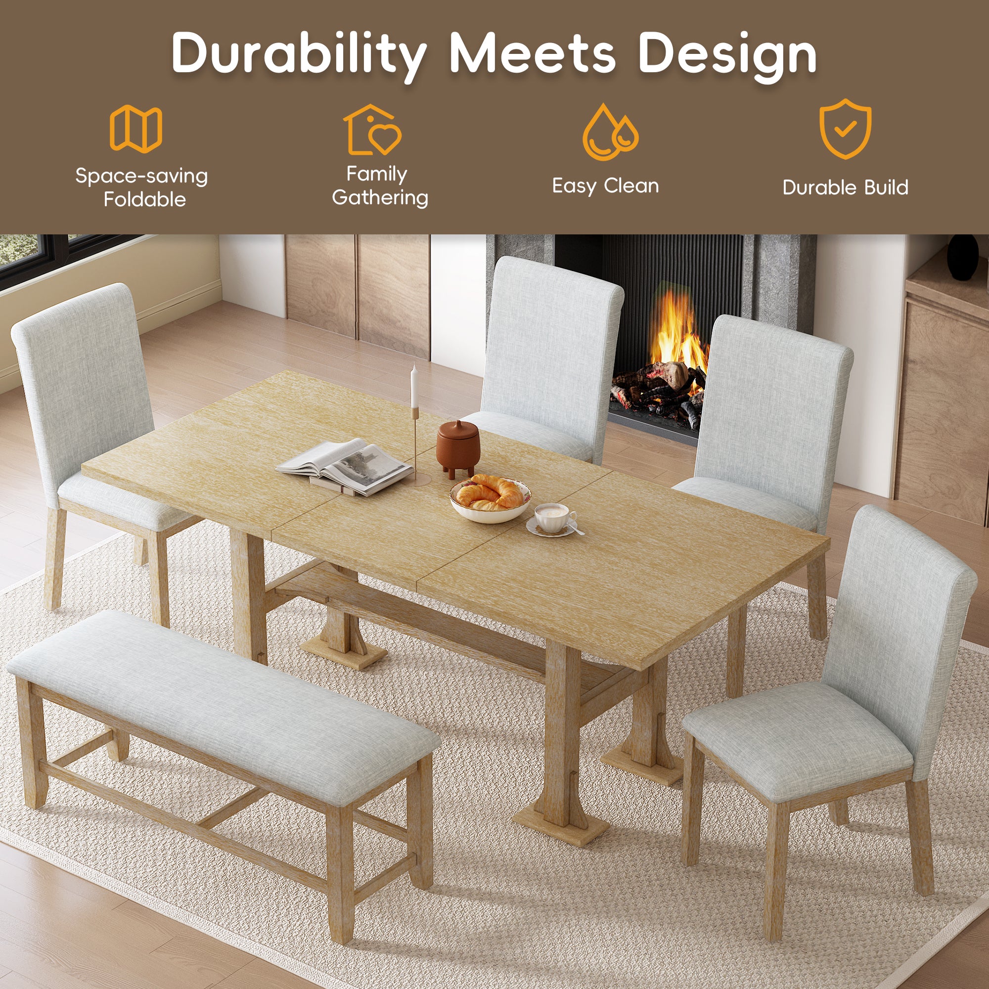 6-Piece Dining Set with Rectangular Extendable Table, Upholstered Dining Bench and 4 Chairs - Image 5