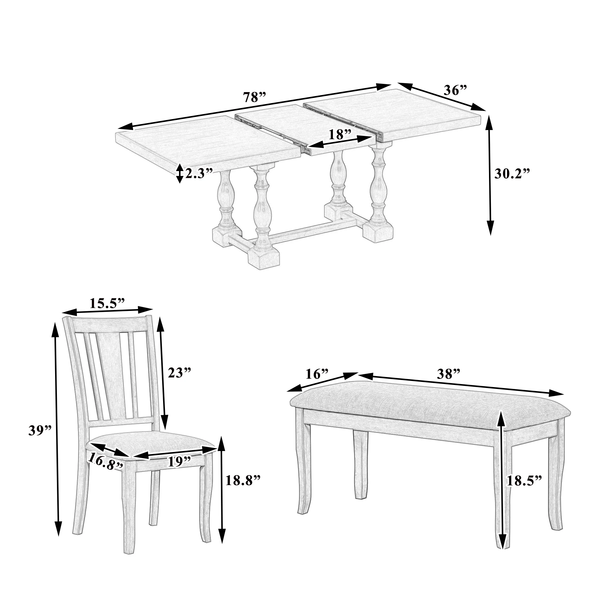6-Piece Dining Set with Removable Leaf Table and Padded Dining Bench and 4 Chairs - Image 10